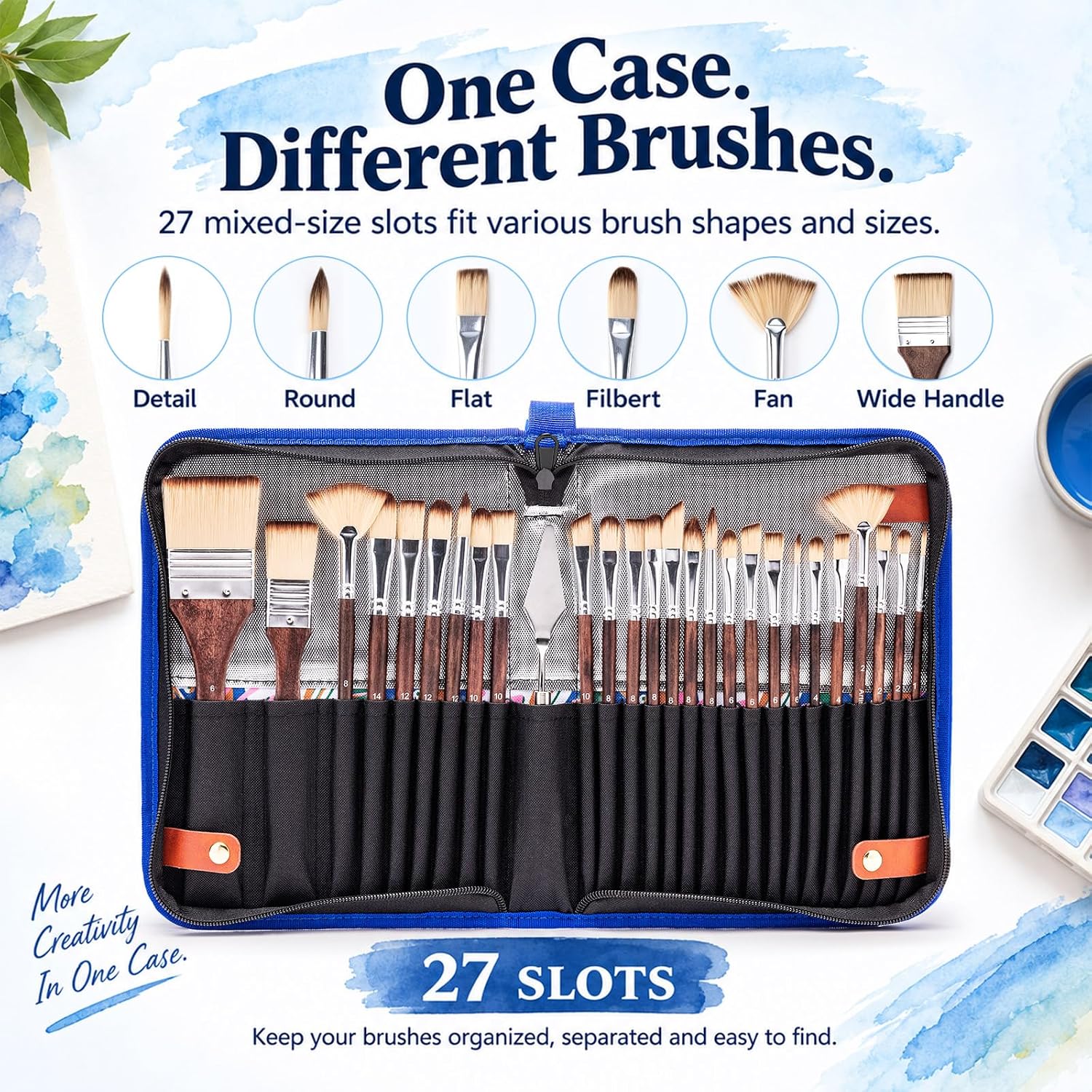 26pcs Paint Brush Set with 27-Slot Standing Case for Acrylic Oil Watercolor