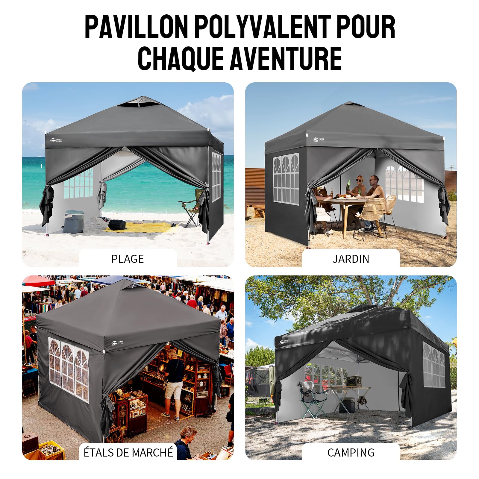 CROWN SHADES Tonnelle Pliante 3x3 Imperméable, Gazebo Pop-Up avec UPF 50+, 4 Parois Latérales Amovible, Gris