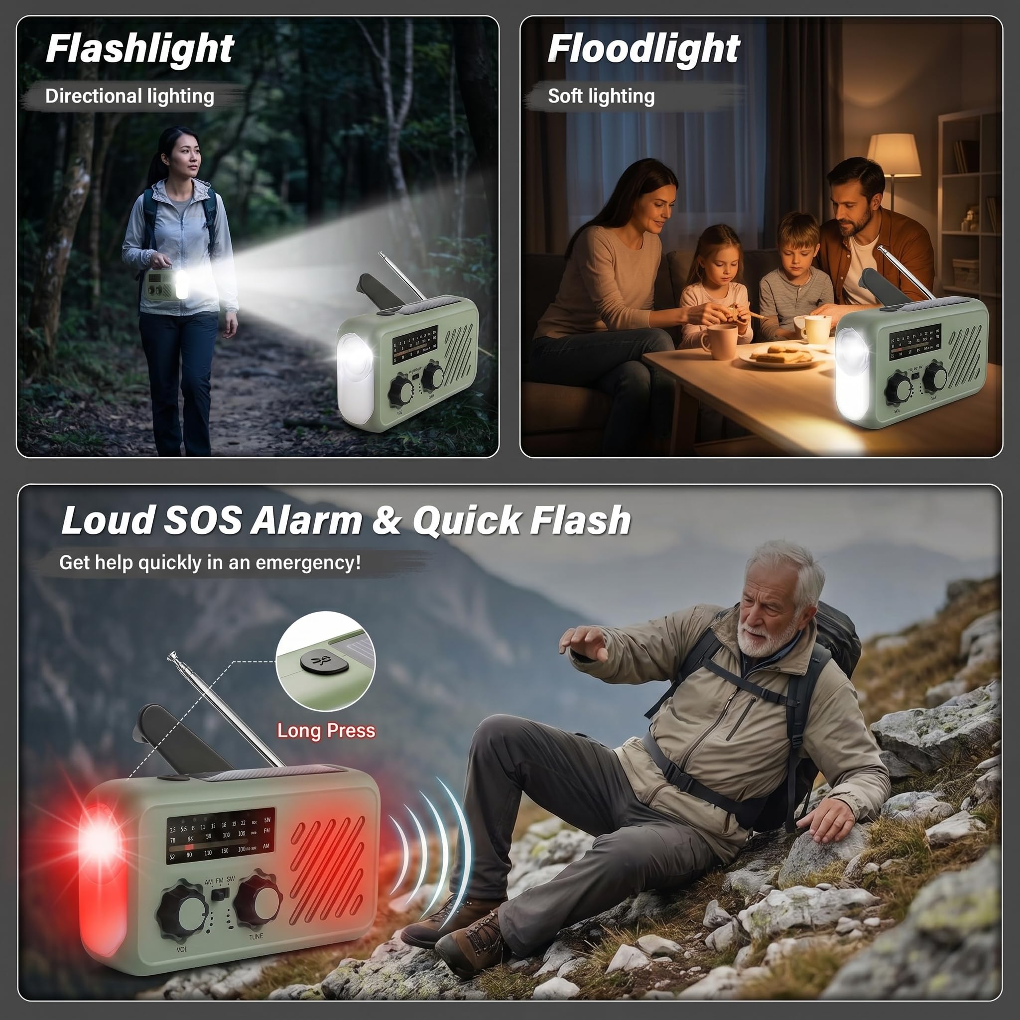 Radio di Sopravvivenza, Ricarica Tripla (Manovella/Solare/USB), Batteria 2000mAh Powerbank, SOS, Torcia LED - Kit Completo con Cinturino & Cuffie per Campeggio, Escursionismo, Emergenza