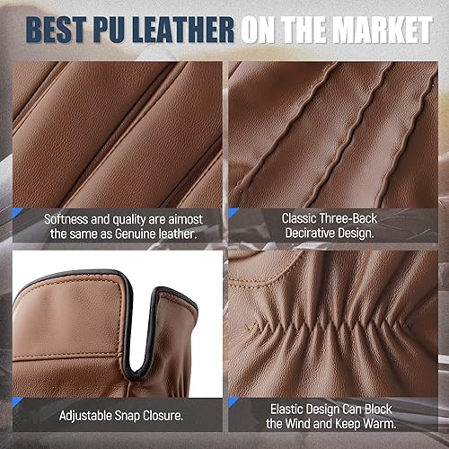 Miniatura 4 de QUKOPSE Winter Leather Gloves for Men,Touchscreen Snow Driving Gloves with Cashmere Lining for Motorcycle Driving Riding