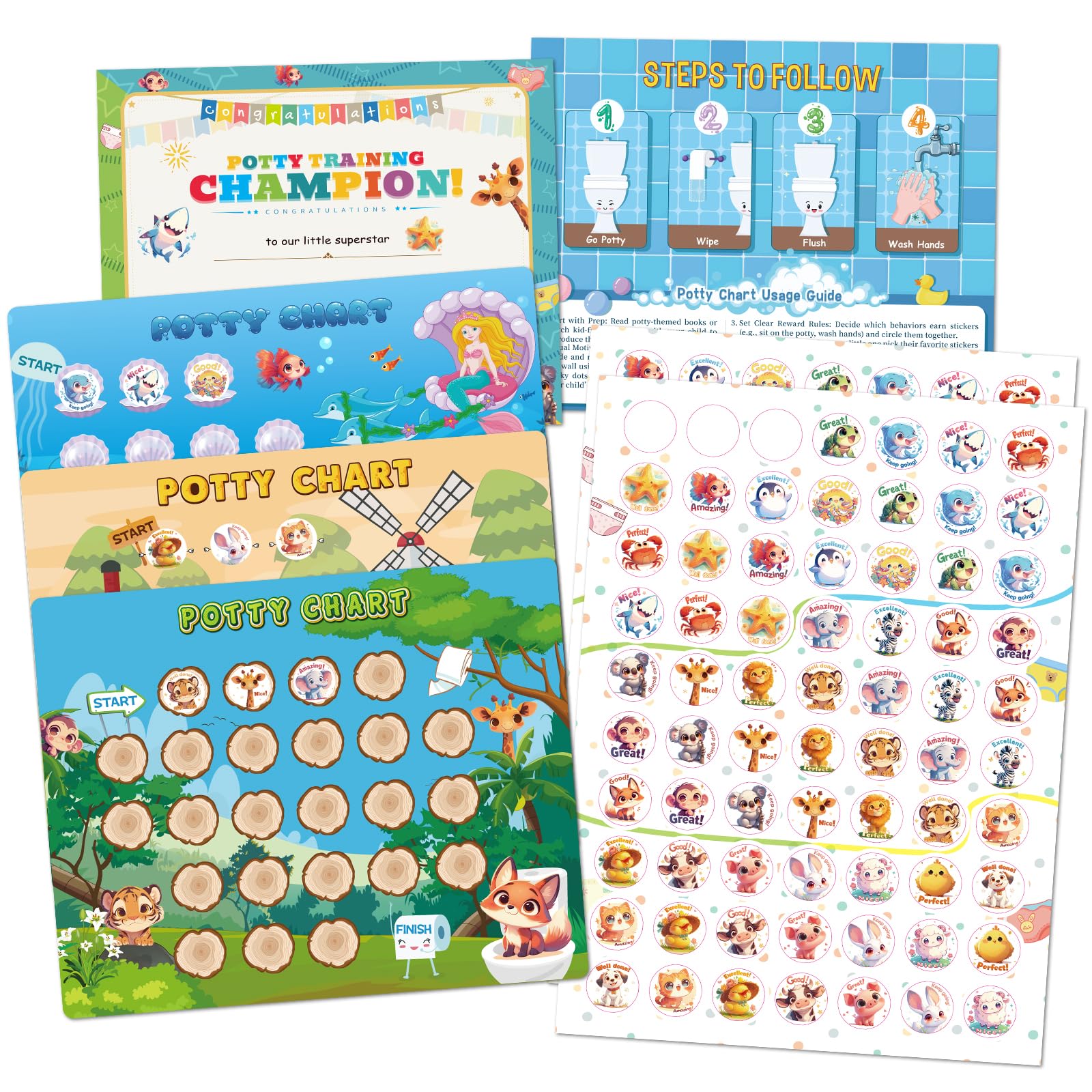 JIXZEN Potty Training Chart with 3 Animal Themes Potty Training Stickers, Fun Potty Reward Chart for Kids, Potty Sticker Chart for Toddlers Girls 1-3,