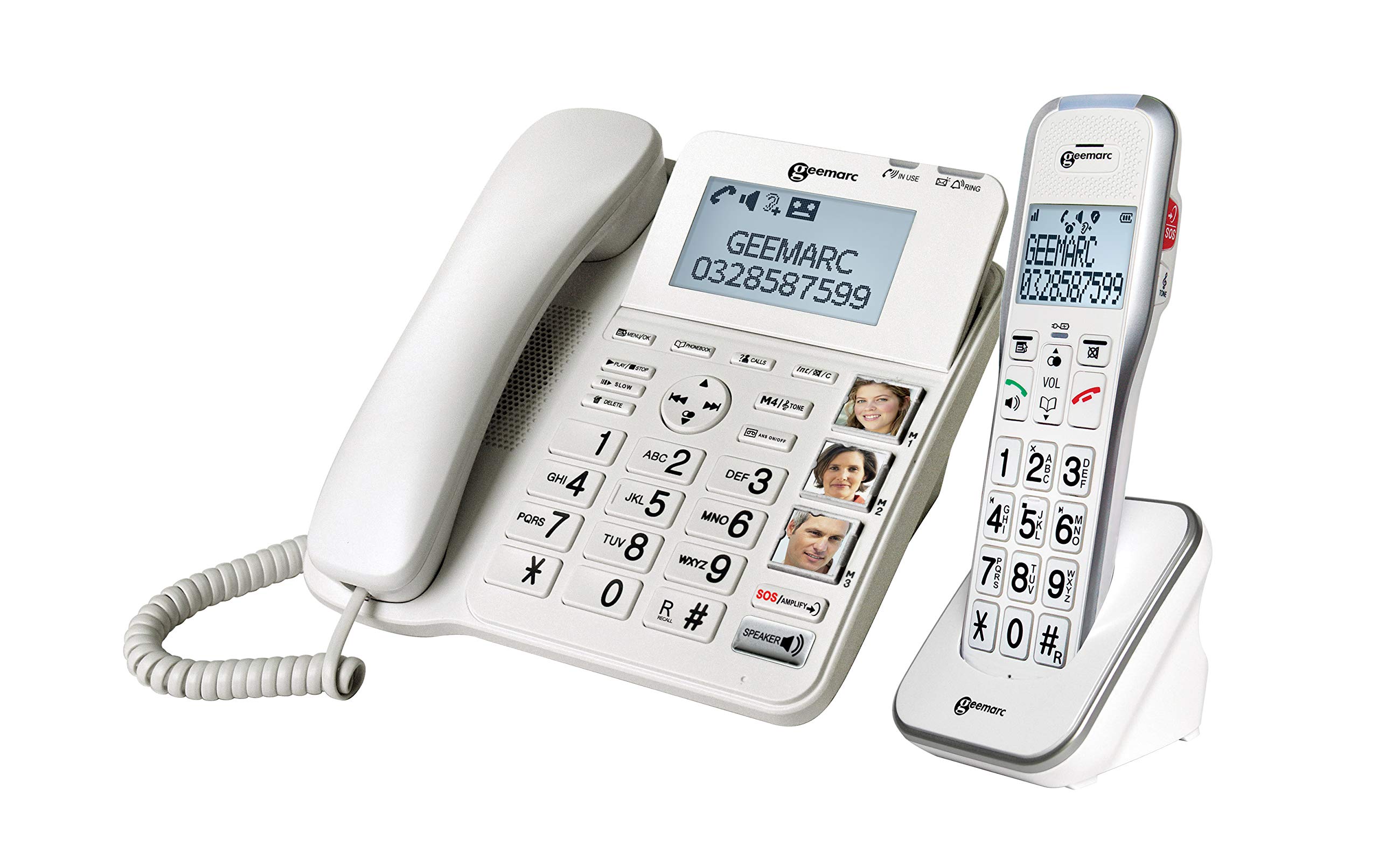 Geemarc Amplidect 595 Combi - Teléfono con Cable Amplificado y Auricular Adicional con Contestador, Botones Grandes y Función SOS para Personas Mayores - Pérdida Auditiva Moderada o Severa