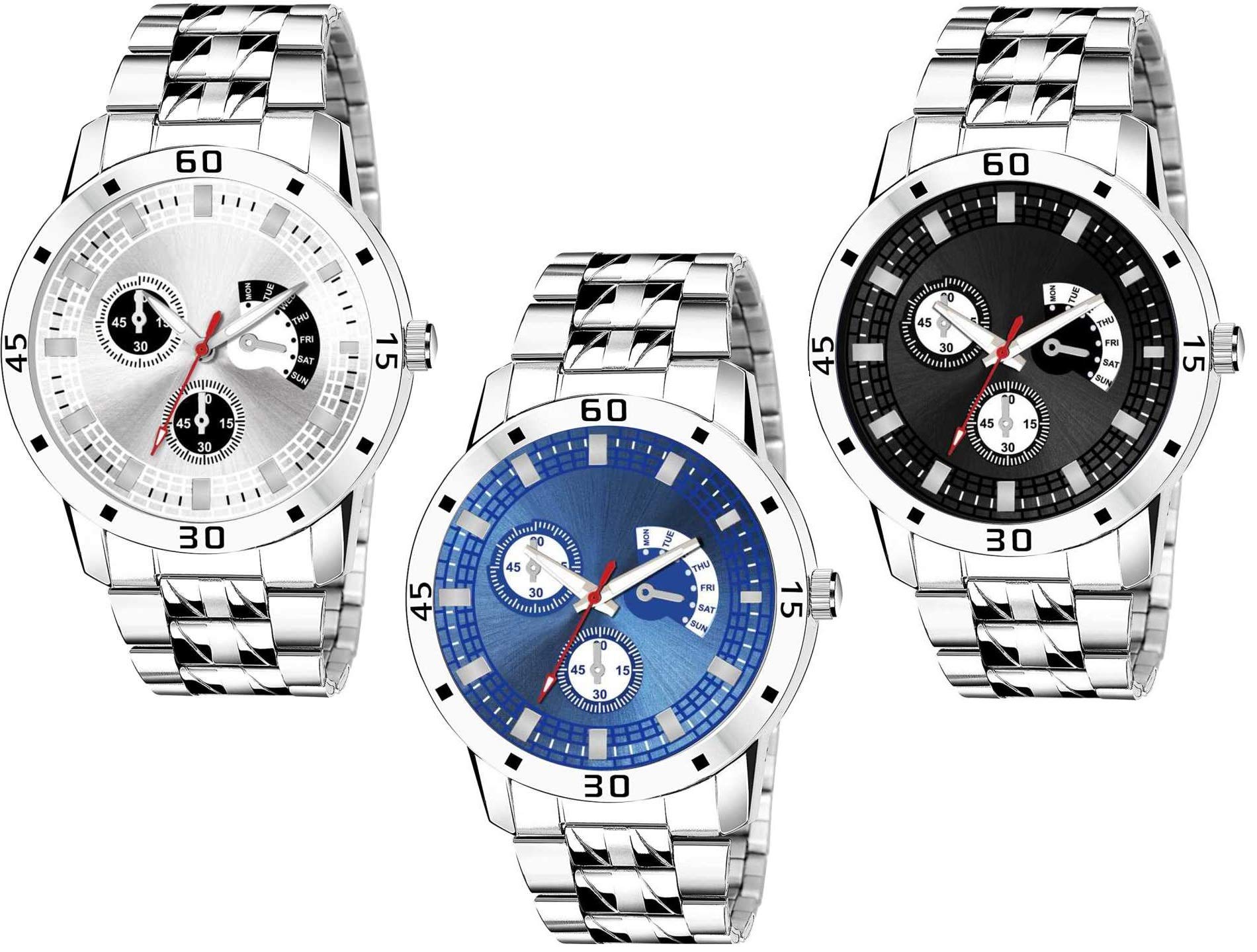 SamayZone Pack of 3 New Generation Classic Multicolor dial Silver Stainless Steel Strap Combo Analog Wrist Watch for Men and Boy (B08NZX989X) Amazon Price History, Amazon Price Tracker