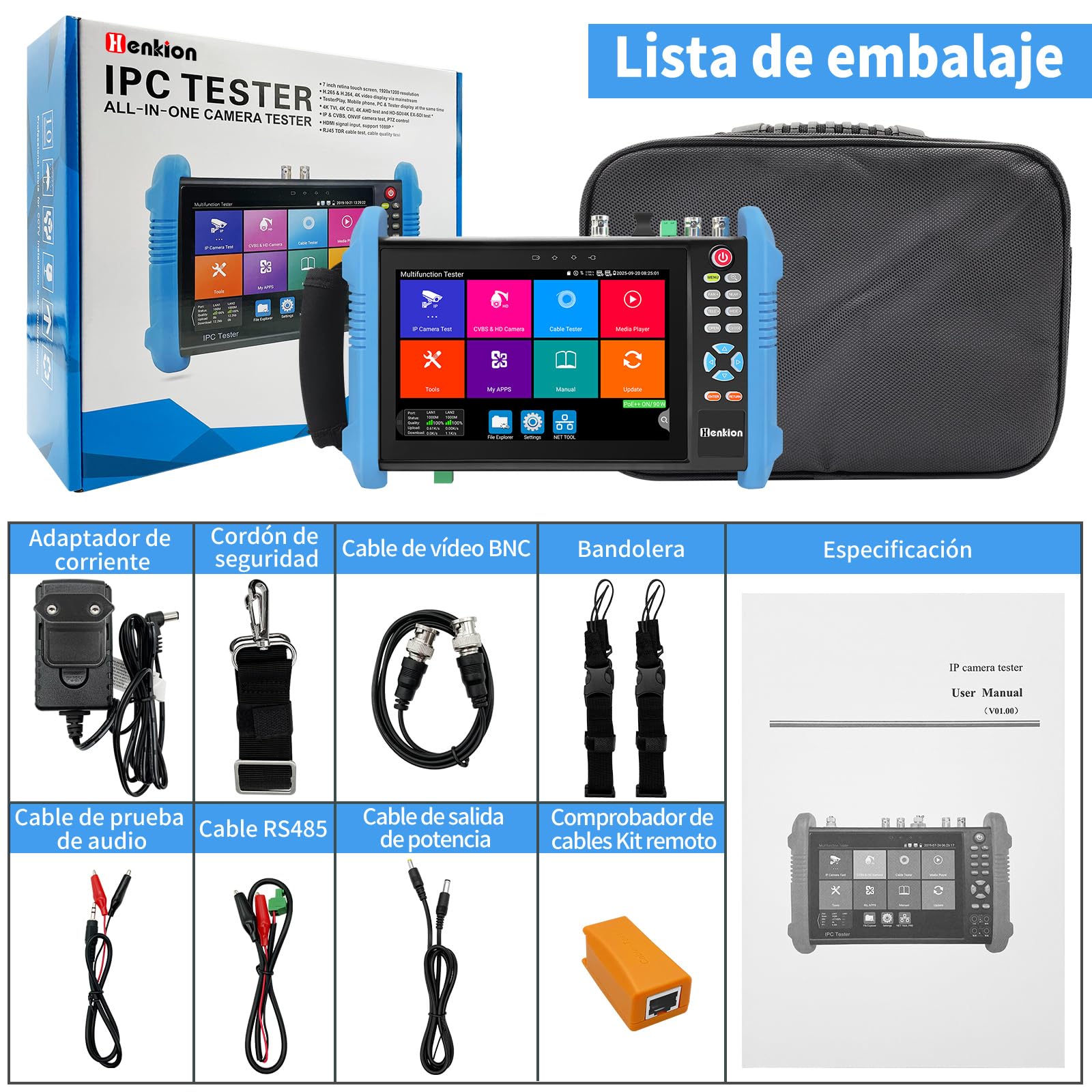 Henkion Herramientas prueba Probador de cámara CCTV 7 Pulgadas IPS Táctil IPC-9800ADHS Pro Soporta 8K y 4K 8MP HD-TVI CVI AHD SDI Prueba IP Probador de cable de red Soporte POE SFP HDMI VGA WiFi RS485