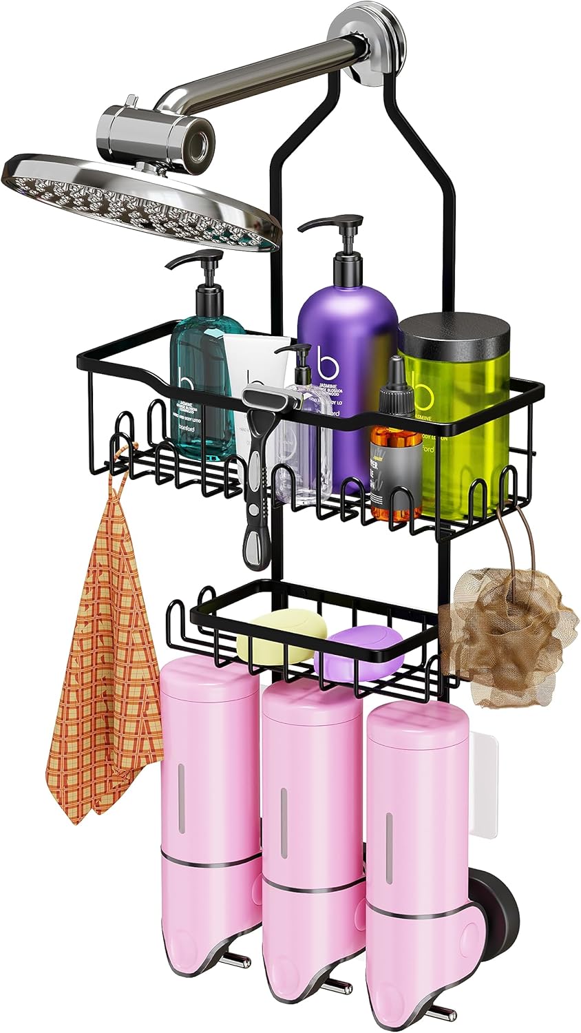 Homicool Soap Dispenser Bathroom Organizer for Shower Wall, 3 Refillable Bottles, Bathroom Shelf, Rustproof, No Drilling Soap Holder with 10 Hooks - Pink