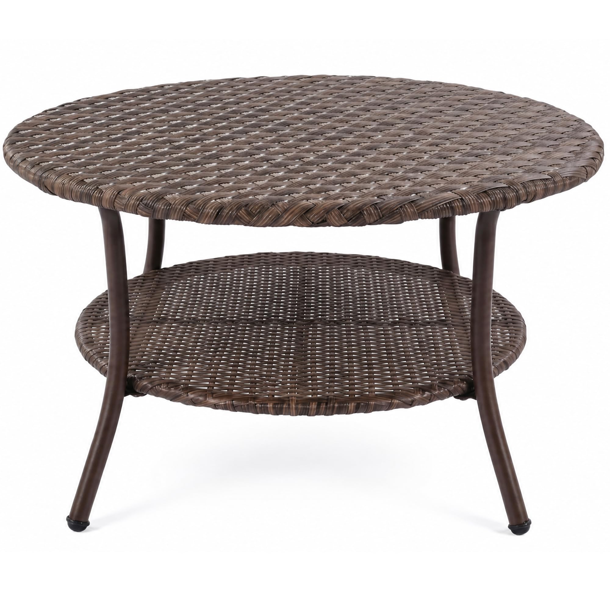Aviina Cambridge Garden Coffee Table, 82cm Round Rattan Patio Table with Double Storage Shelf, Handwoven HDPE Wicker Outdoor Table for Deck Balcony Garden Backyard, Brown