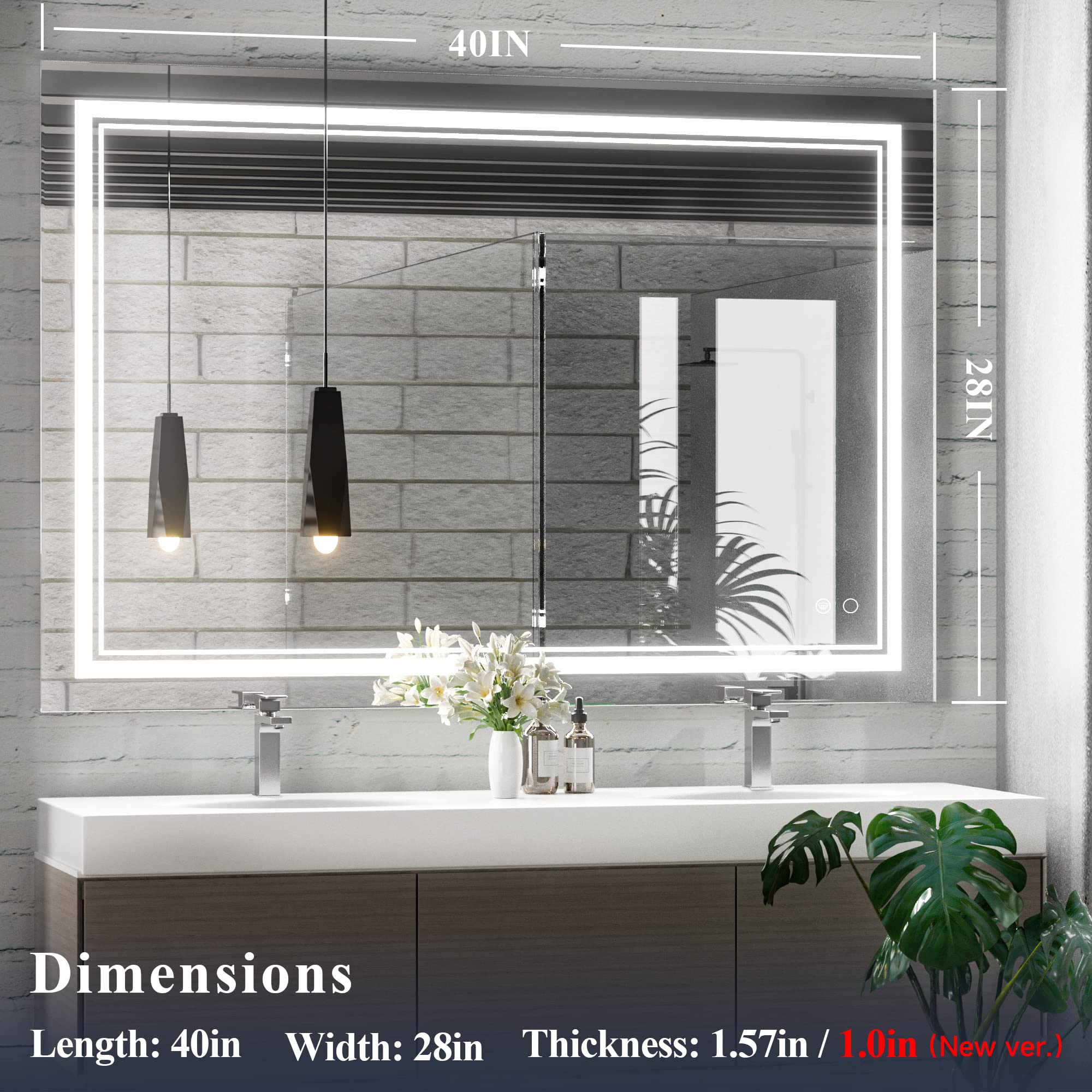 Keonjinn 40 x 28 Inch LED Bathroom Mirror with Lights, LED Vanity Makeup Mirror Wall Mounted Dimmable Anti-Fog Memory Front Light Mirror (Horizontal/Vertical)