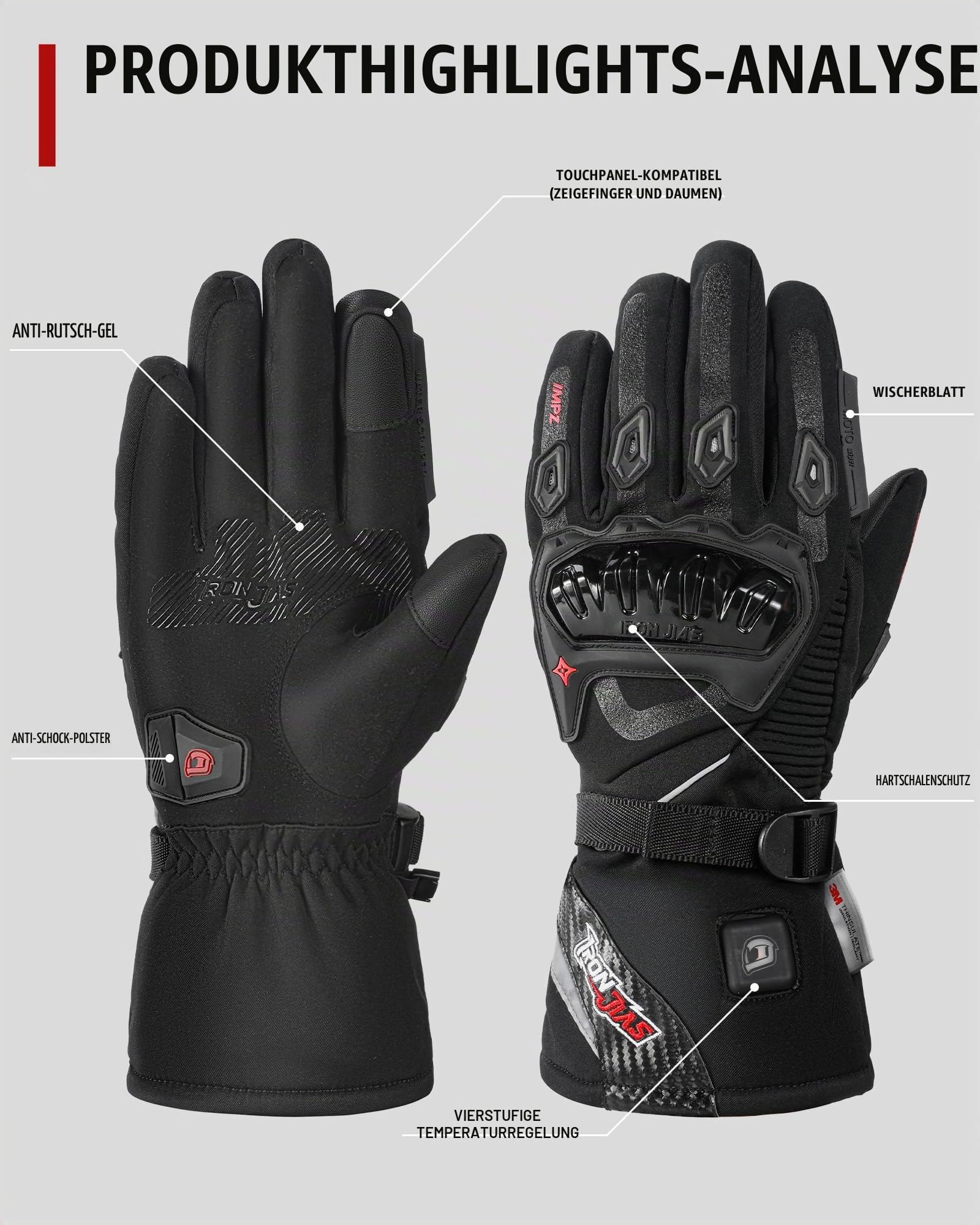 IRON JIA'S Beheizbare Handschuhe Motorrad Herren Winter Neue 3000mAh USB-Aufladung 2-in-1-Ladekabel Touchscreen Wasser- und Winddicht geeignet zum Reiten Skifahren und Bergsteige | Wasser- und winddicht, neuer USB-Ladeanschluss, 2-in-1-Ladekabel, für Moto