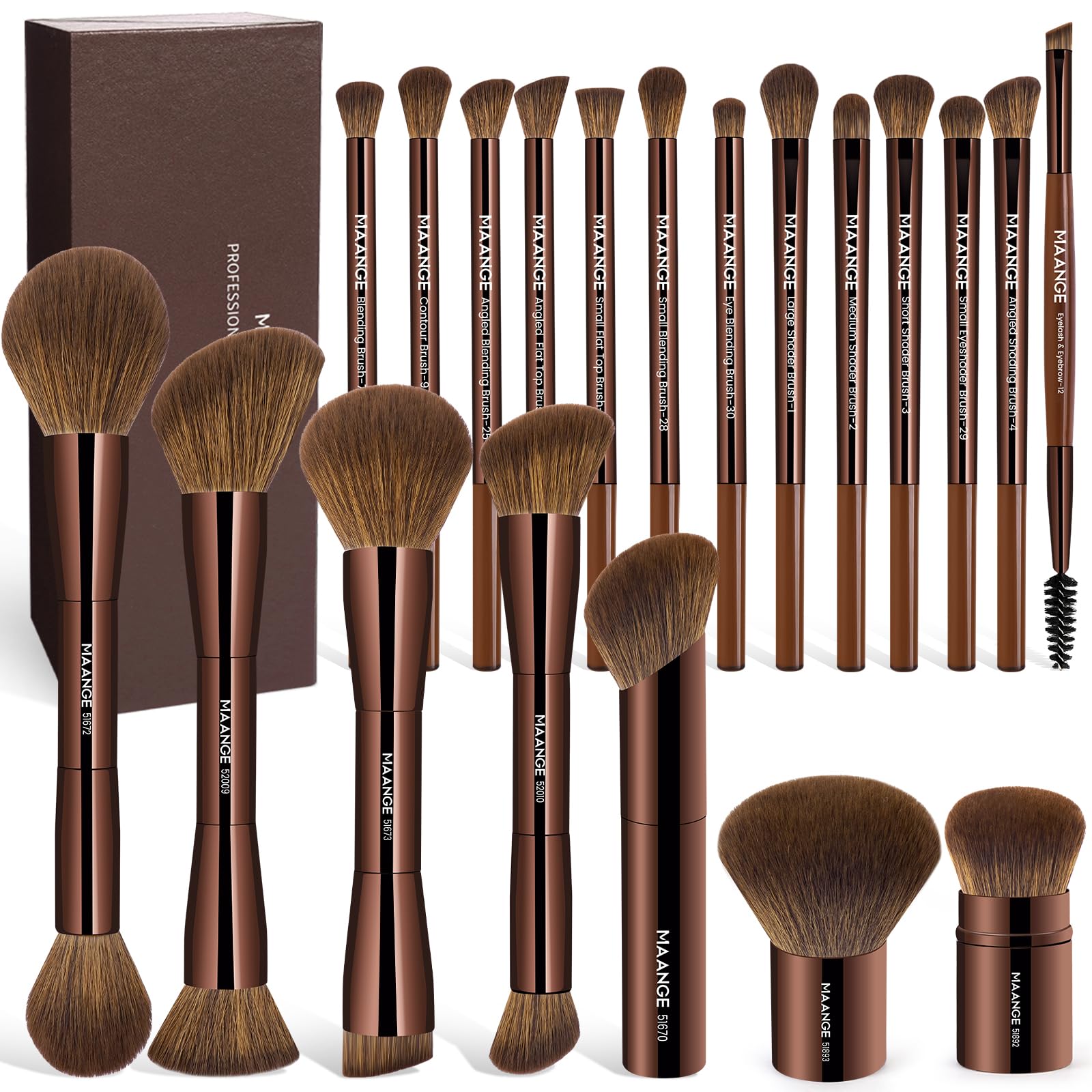 MAANGE 20 pennelli da trucco con confezione regalo, pennelli multifunzione a doppia estremità per miscelare polvere liquida, correttore, crema, fard, marrone scuro