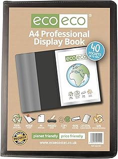 eco-eco Eco140 - Cuaderno de 40 bolsillos, tamaño A4, 50% reciclado, color negro, profesional, carpeta de arte acolchada con fundas de plástico, color negro