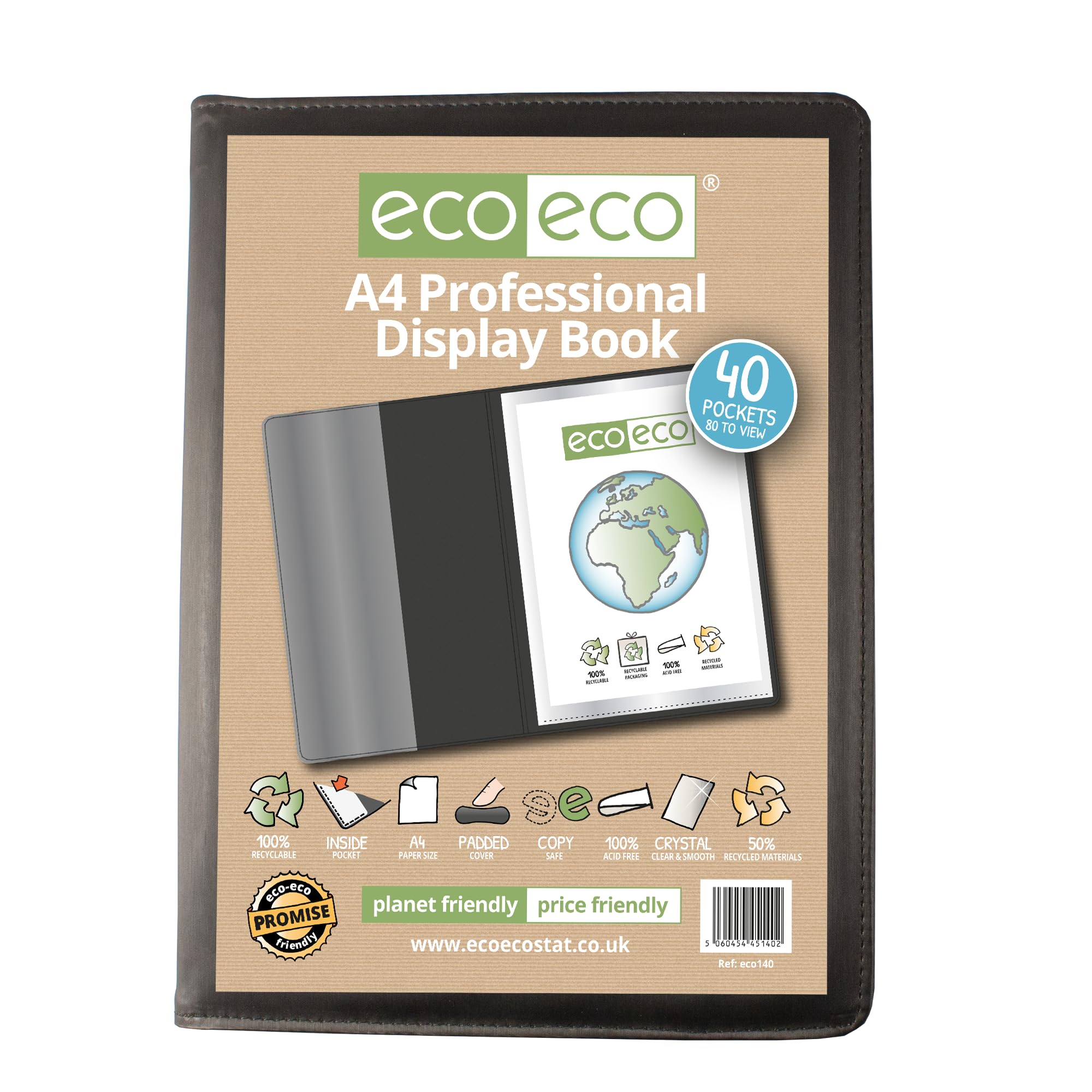 eco-eco A4 50% Recycled 40 Pocket Black Professional Business Display Book, Padded Portfolio Art Folder with Plastic Sleeves, eco140