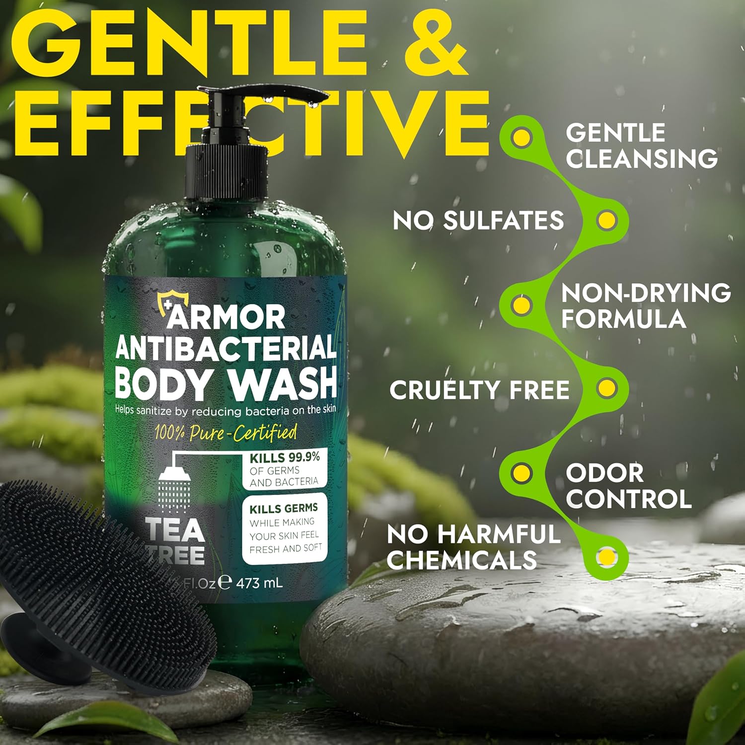 Antibacterial Body Wash with Tea Tree Oil | Antibacterial Soap for Men & Women | Kills 99.9% of Germs & Bacteria | Helps with Back Acne, Body Odor & Skin Irritation | Includes Scrubber 16 fl oz