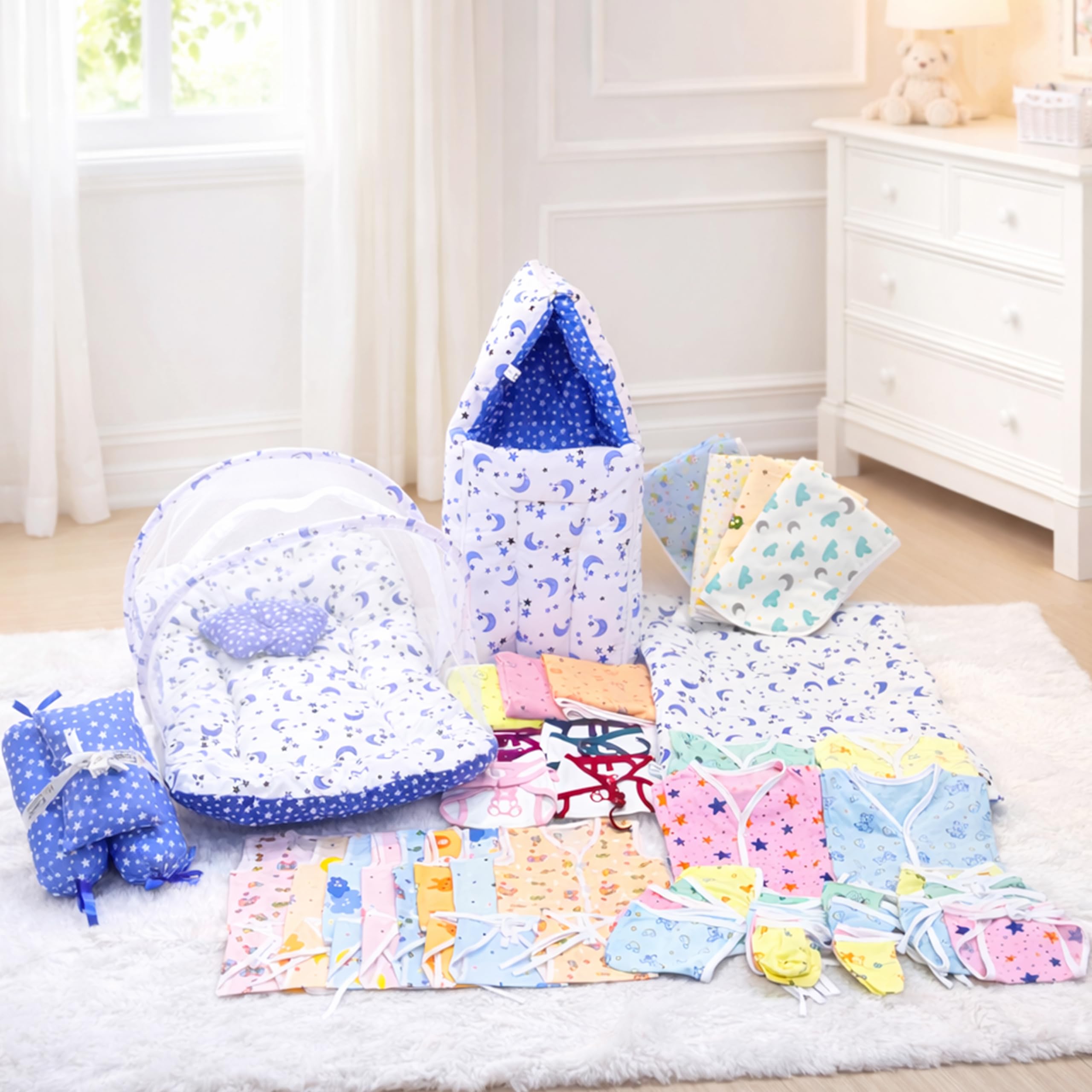 Infantbond 56 in 1 Baby Products All New Born Combo | Gift Set | Baby Essentials | Hospital Kit | Baby Clothes | Maternity Essentials | Infant Essentials | Baby Shower | Complete Daily Items Combo(0-6 Months) (Blue Moon)