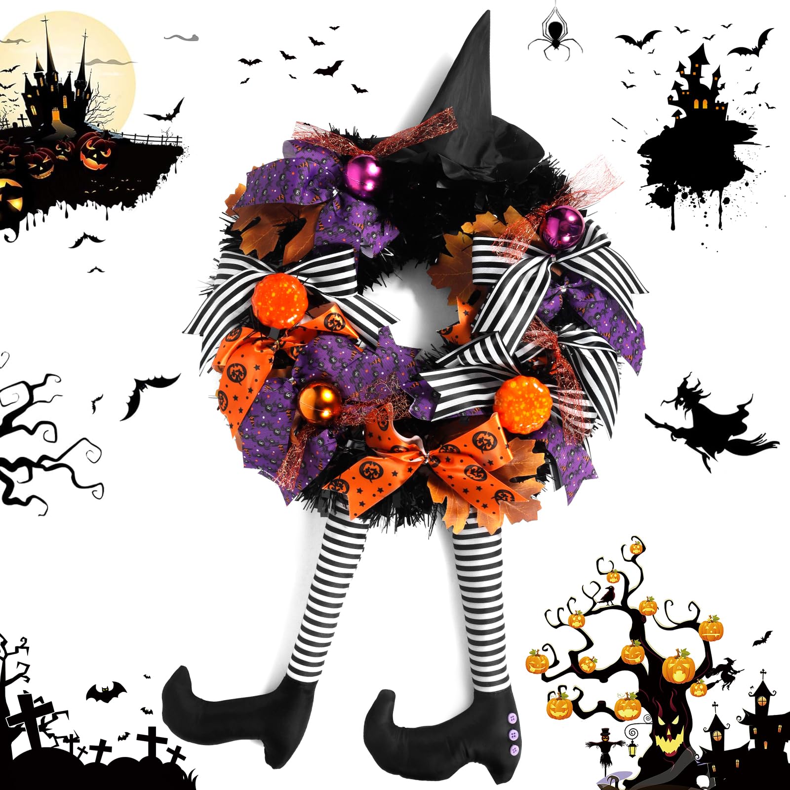 Halloweenowy Wieniec na Drzwi z Nogą Czarownicy, Strasznym Kapeluszem Wiedźmy i Dynią - Dekoracja na Halloween, Podwórko, Werandę, Okna