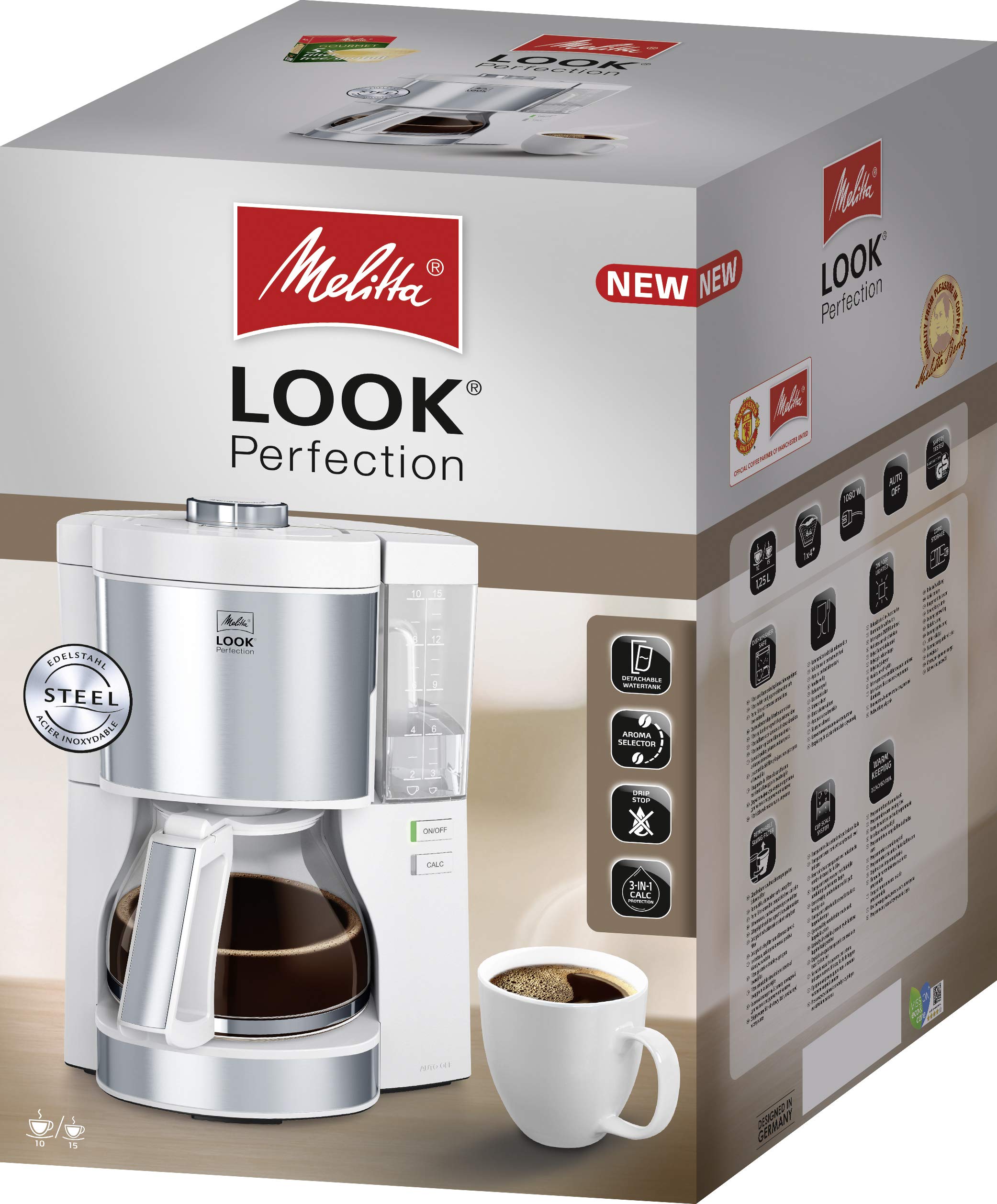 Melitta Look V Perfection 1028-05, Cafetera Goteo, AromaSelector, Jarra de Vidrio, Depósito de Agua Extraíble, Protección 3 en 1 Anti Cal, Moderna, 1,25 Litros, 10 Tazas, Filtros 1x4, 1080W, Blanco