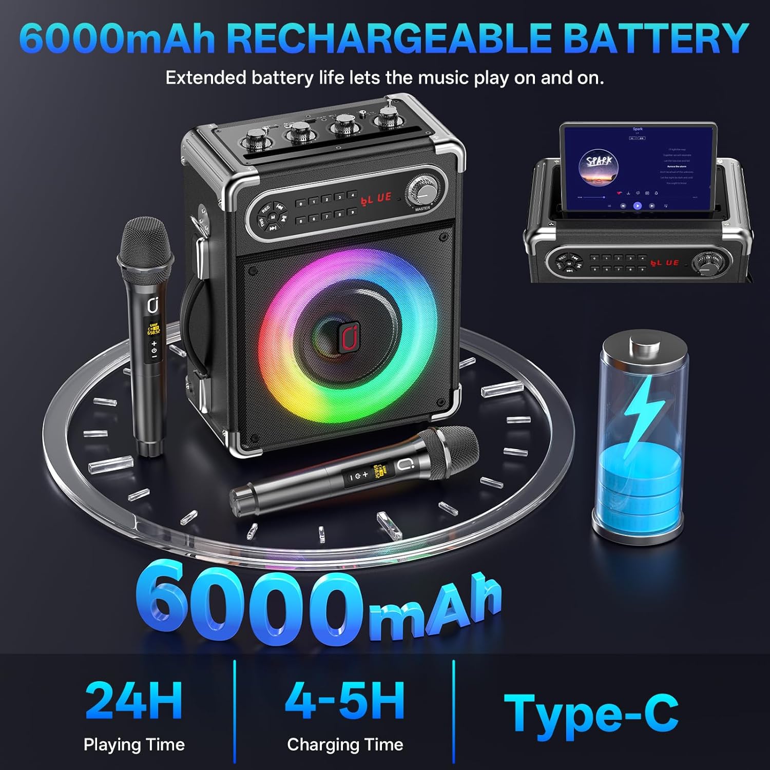 JYX Karaoke Machine, 2 Wireless Microphones, Portable Bluetooth 5.3 PA Speaker with Disco Lights, Smart TV Compatible, Upgraded Subwoofer, Bass Boost & Echo, TF/USB/AUX/FM, Home & Outdoor Party - Image 4