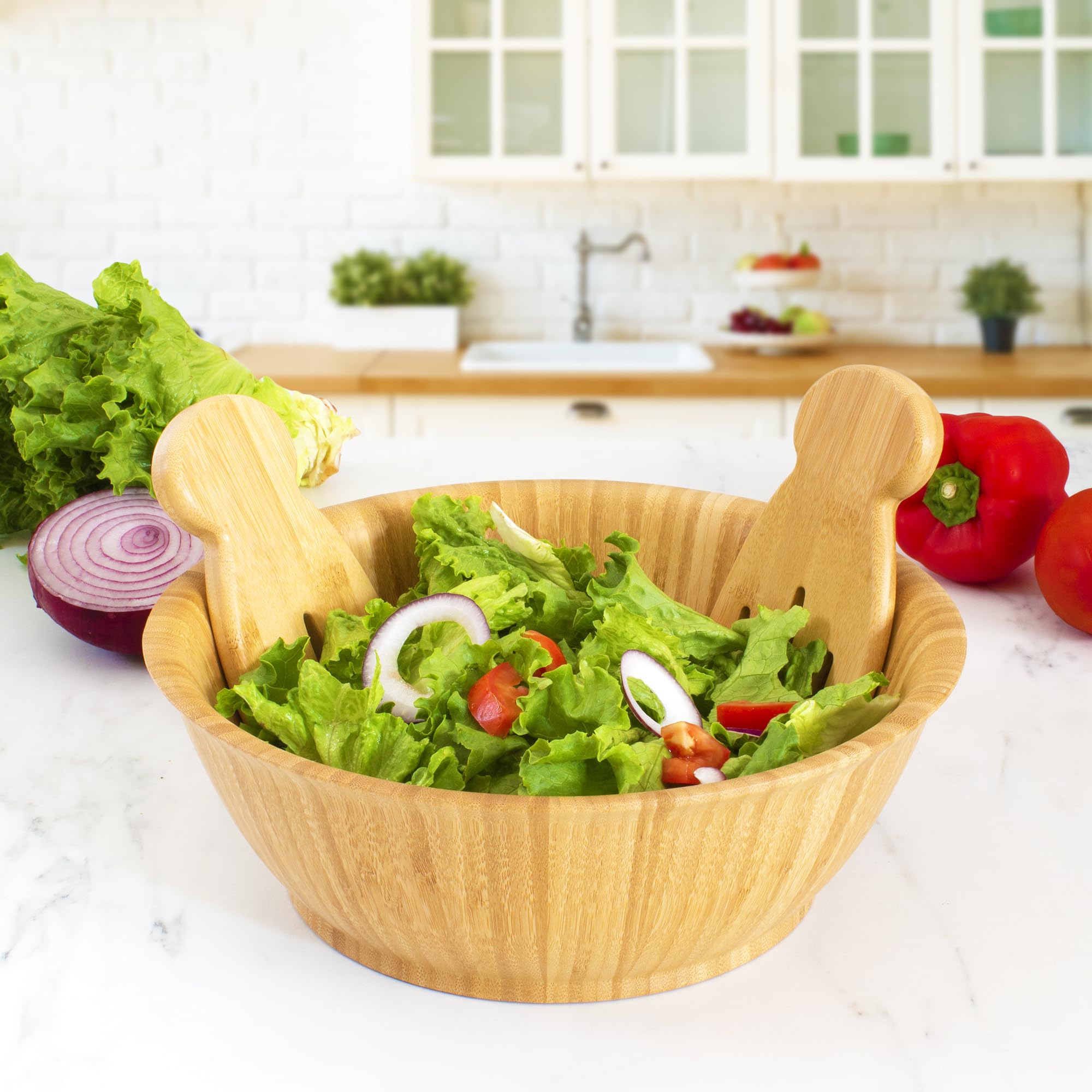 Totally Bamboo Salad Hands, juego de 2 servidores de ensalada de madera de bambú, ideal para lanzar y servir ensalada, pasta y más
