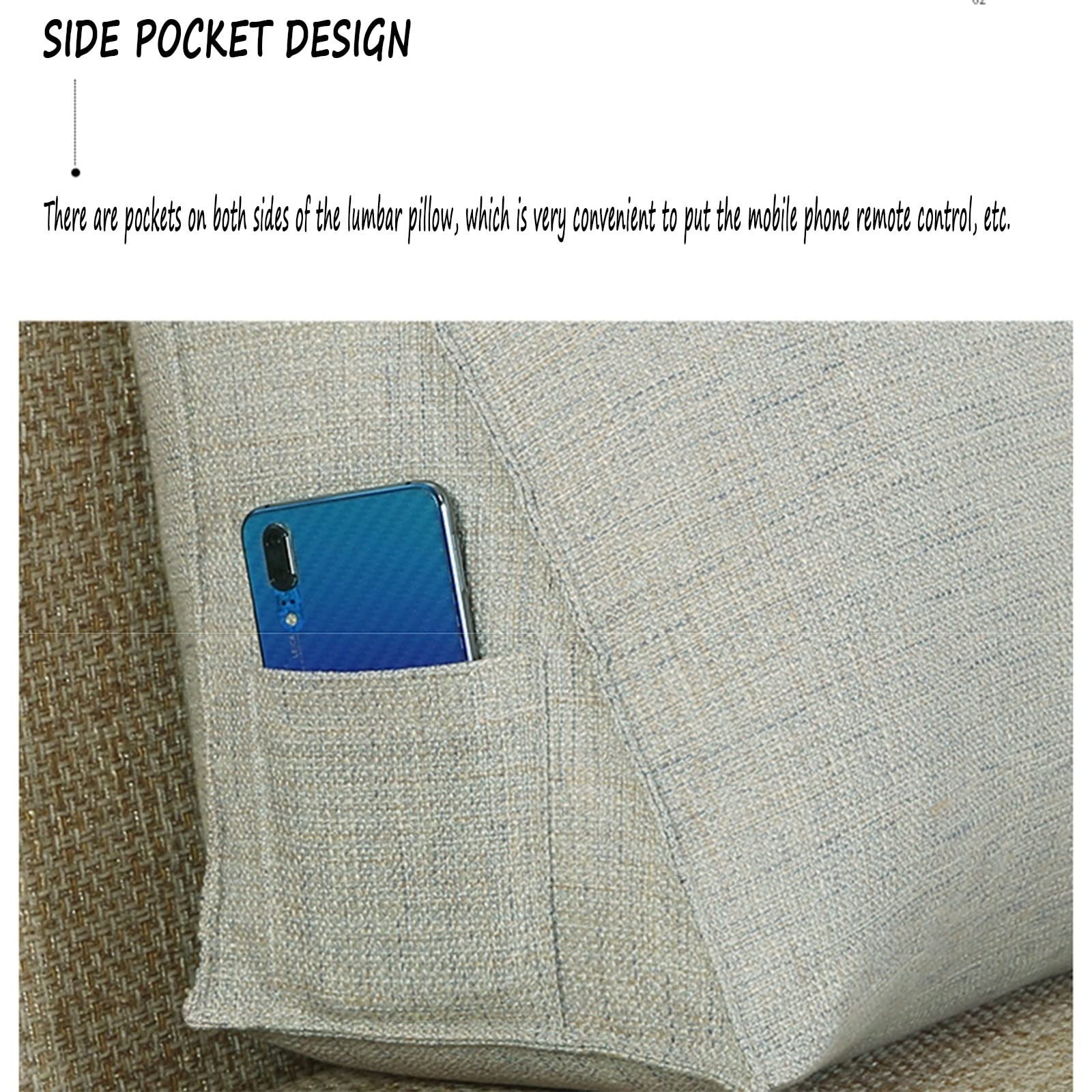 Lesekissen Rückenkissen mit Seitentaschen, Großes Keilkissen, Gewaschenes Leinen Dreieckige Kissen zum Entspannend Sitzung Spielen Lektüre Bettsitzkissen (Color : Blue, Size : 70x35x20cm)