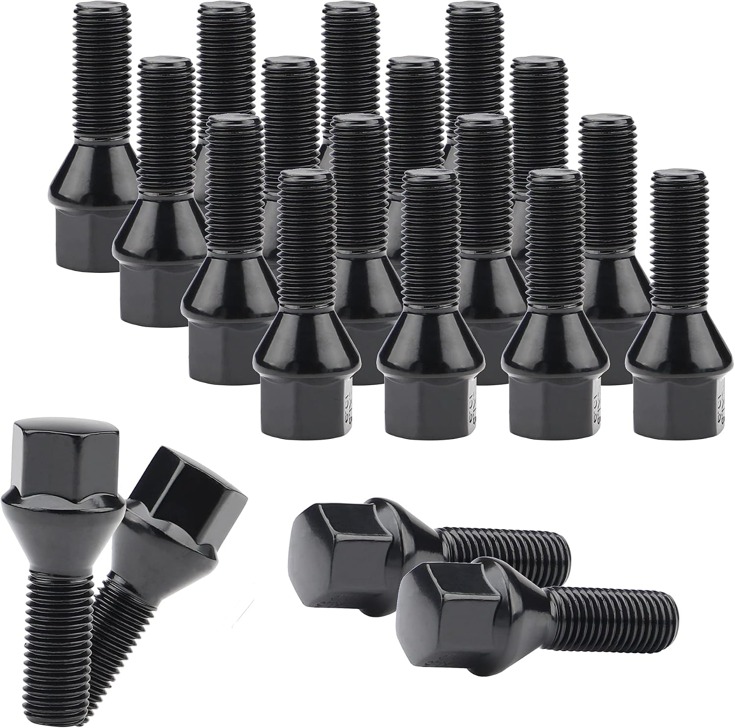Richeer 20 PCS Black 12x1.5 Wheel Lug Bolts for Wheel Spacers, 28mm Shank Length 17mm HEX 53mm Overall Length Solid Studs Set, 60 Conical Seat