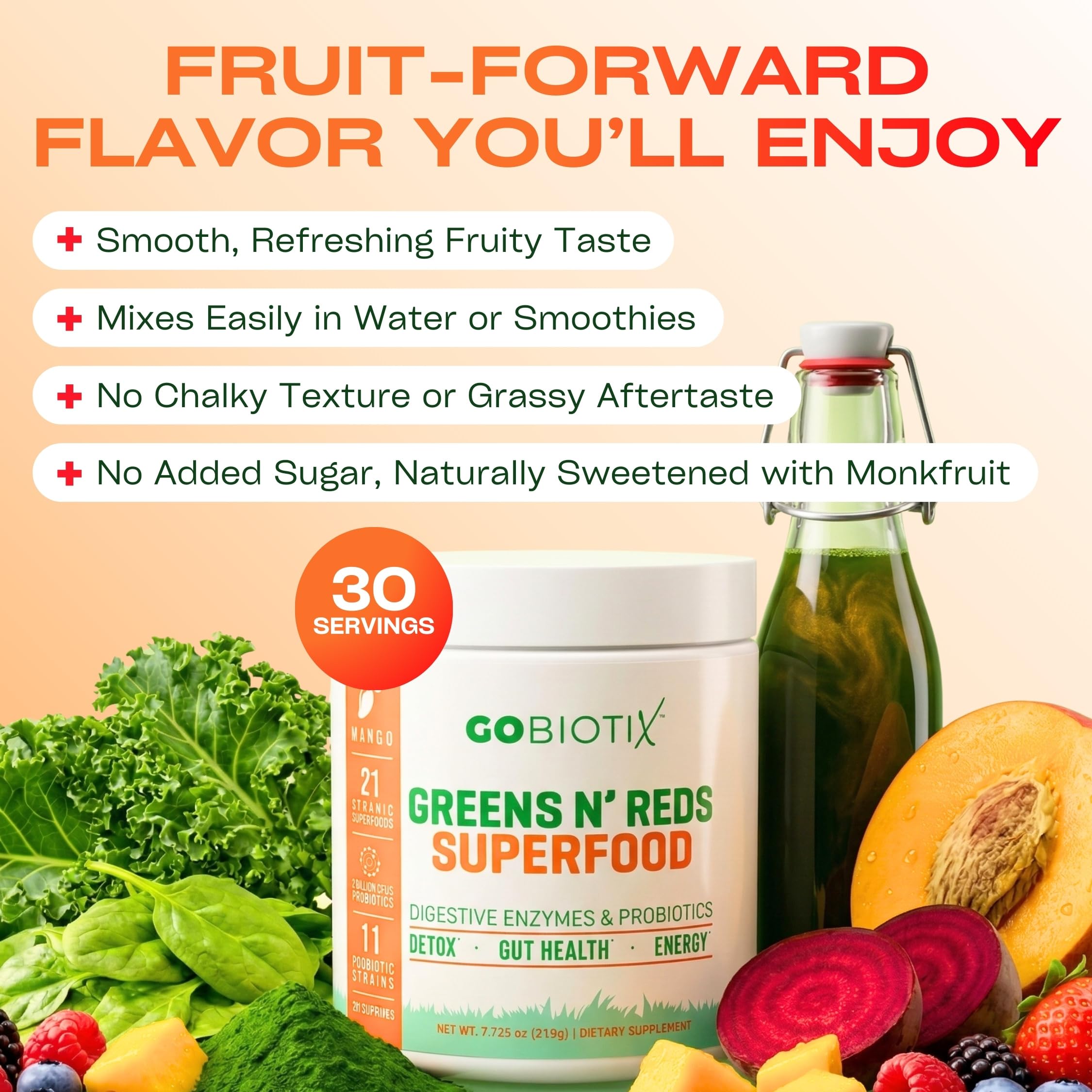 GOBIOTIX Super Greens Powder with Beet Root, Spirulina, Moringa & Chlorella – Probiotics, Enzymes & 21 Superfoods – Zero Sugar, Vegan, Non-GMO – 30 Servings (Mango) — Amazon image 7