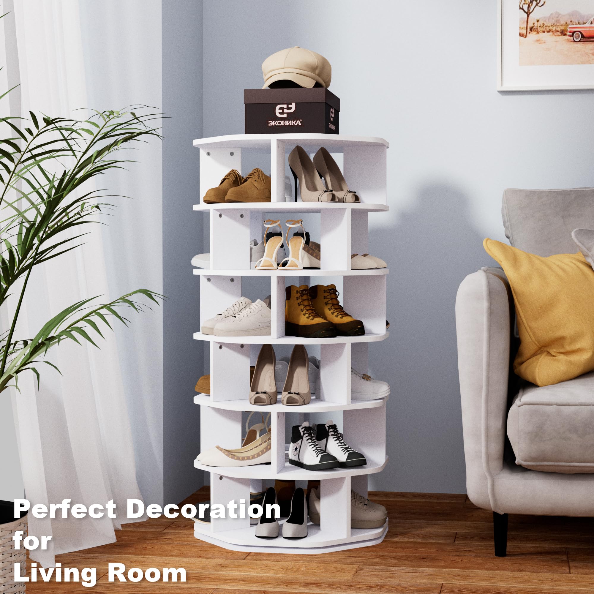 uyoyous 360° Schuhregal 6 Etagen 24 Paar Schuhe Achteckig Weiß Platzsparend | 360° drehbar, platzsparendes achteckiges Design für Flur, Eingang, Wohnzimmer, Schlafzimmer, stabil & langlebig, weiß