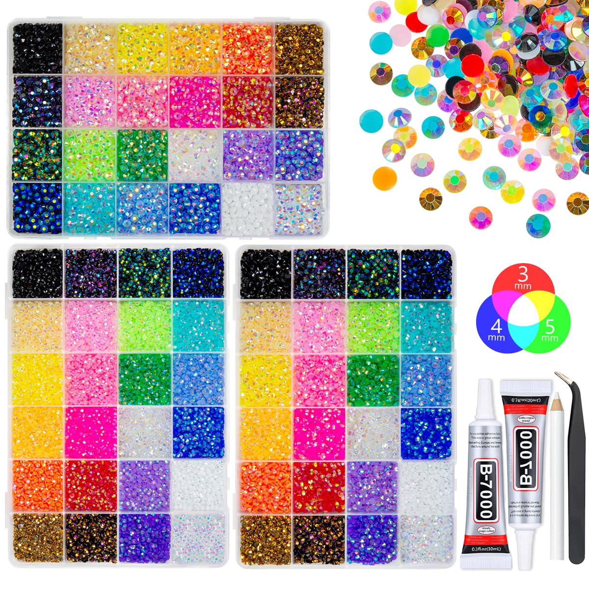 qiipii 3 Boxes 24 Color 3mm 4mm 5mm Jelly Resin Rhinestones Flatback Colorful Stones Gems Diamonds Charms for Nails Face Makeup Bedazzling Crafting