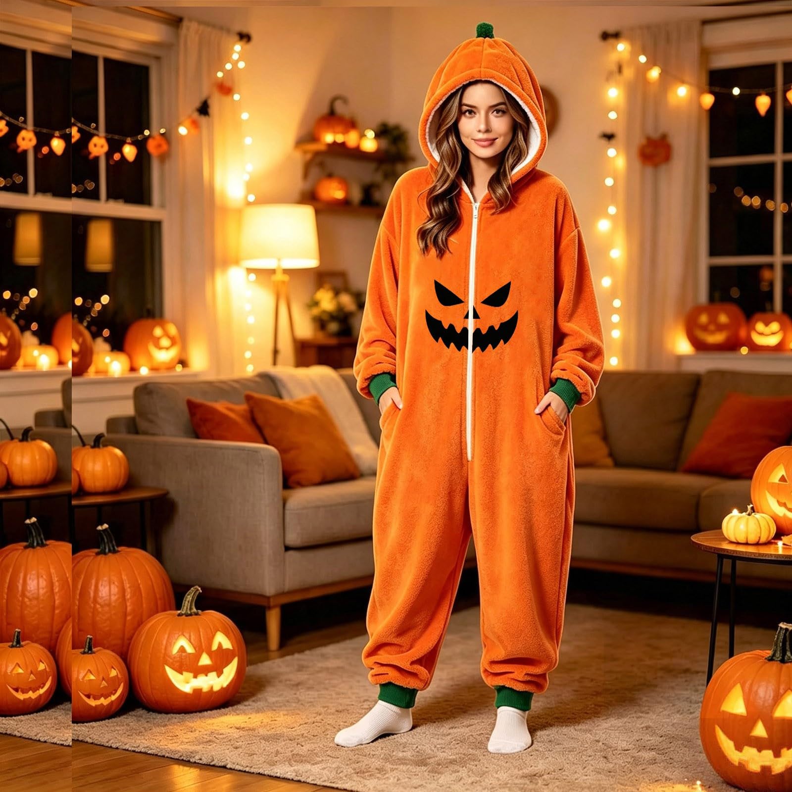 Generisch Tuta di Halloween per adulti con stampa unica, a maniche lunghe, con cappuccio, versatile, per il tempo libero, le vacanze, indossabile tutto l'anno (arancione, XL)