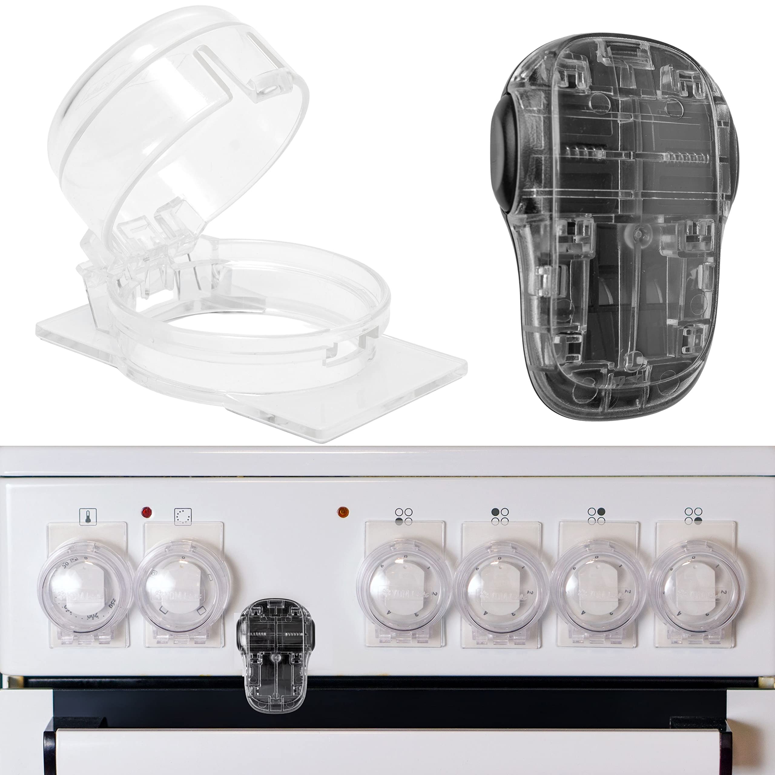 Cache-Boutons de Cuisinière et Verrou pour Four, Jeu de 7, Ø max. 4,9 cm, Distance centre 6,1 cm, Protection Enfants