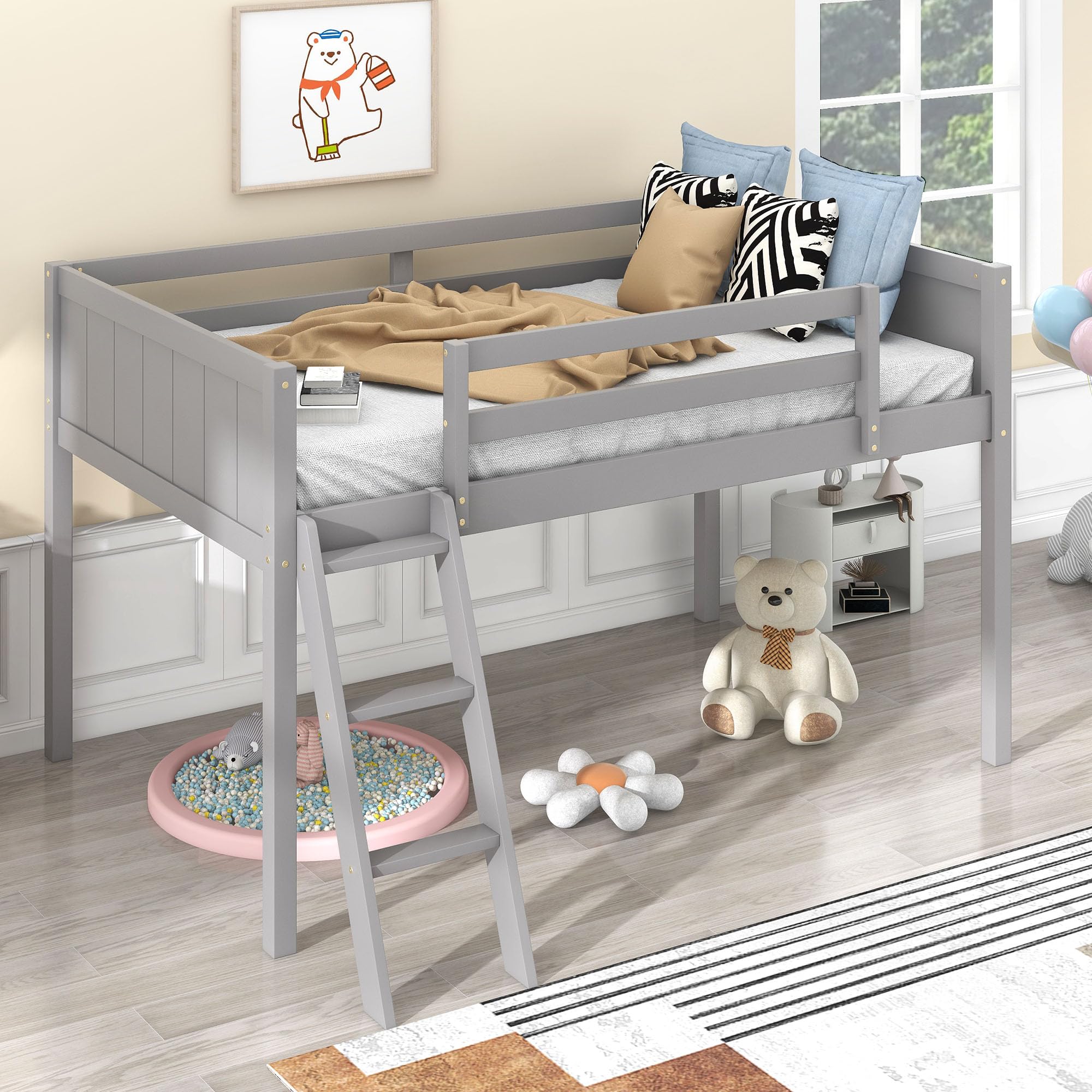 Bellemave Low Loft Bed with Ladder, Wood Loft Bed Twin Size for Adults, Kids and Young Teens, No Box Spring Required,Wood Slat Support (Gray, Slope Ladder)