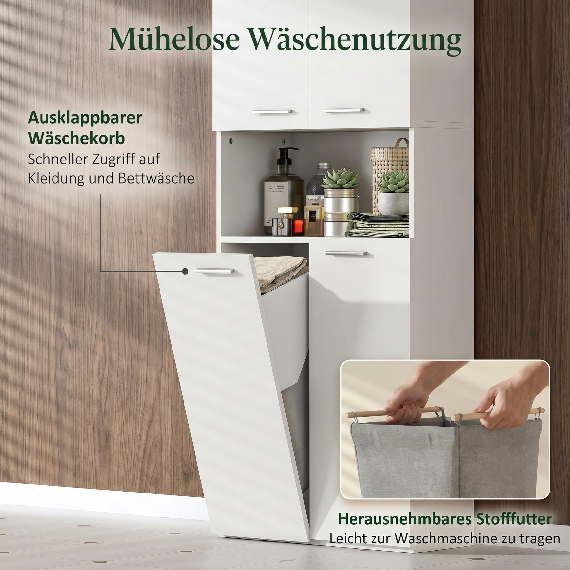 HOMCOM Badezimmerschrank Badschrank Wäschekorb 60 x 30 x 174 cm Weiß
