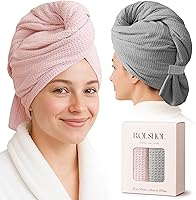ROLSHOL 2-Pack Microfiber Hair Towel Wraps for Women, 32x11" Waffle Weave Anti-Frizz Turbans for Curly Long Thick Wet Hair (Pink, Grey)