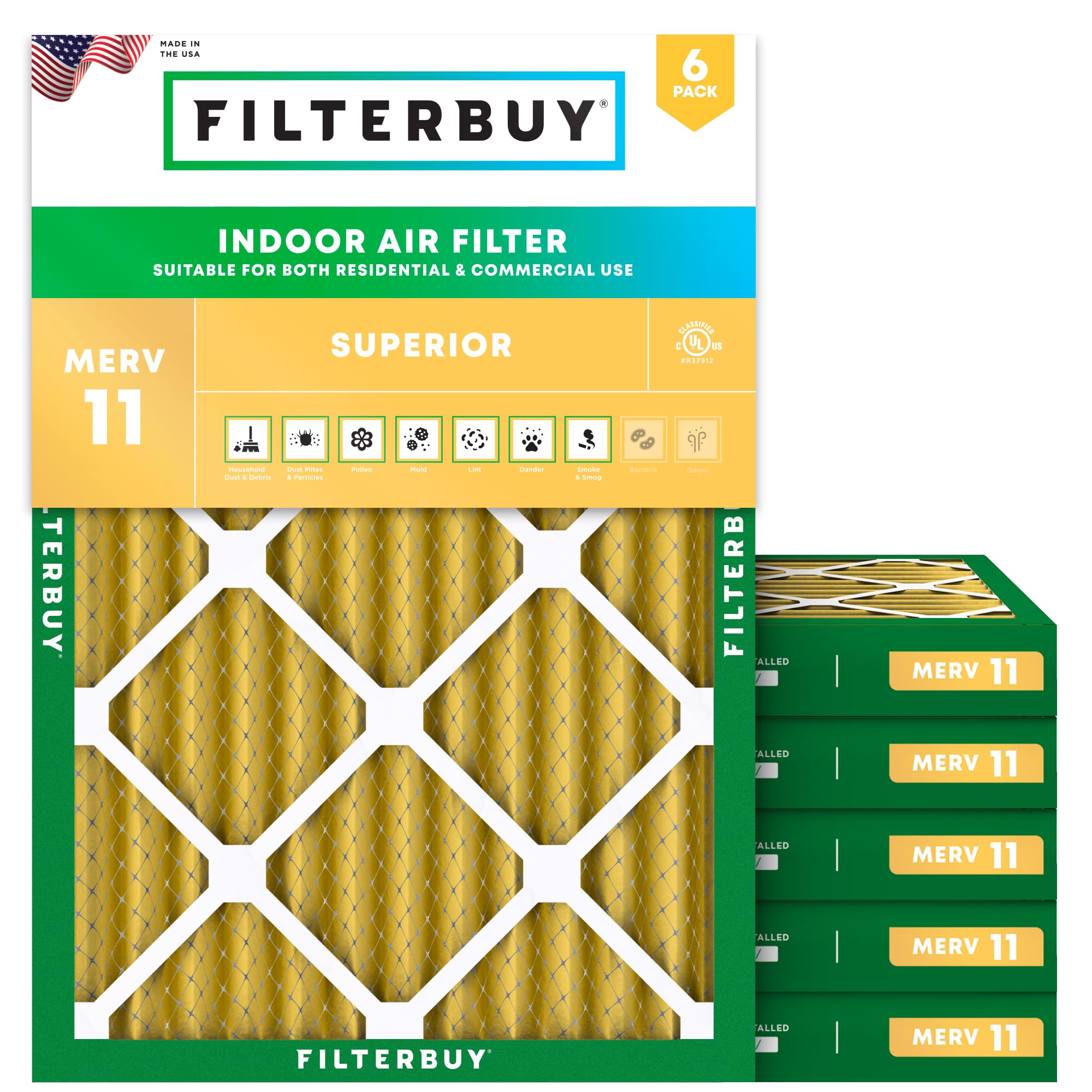Filterbuy 15x20x2 Air Filter MERV 13, 6-Pack | Pleated HVAC Furnace Filter, Actual Size 14.5x19.5x1.75 Inches
