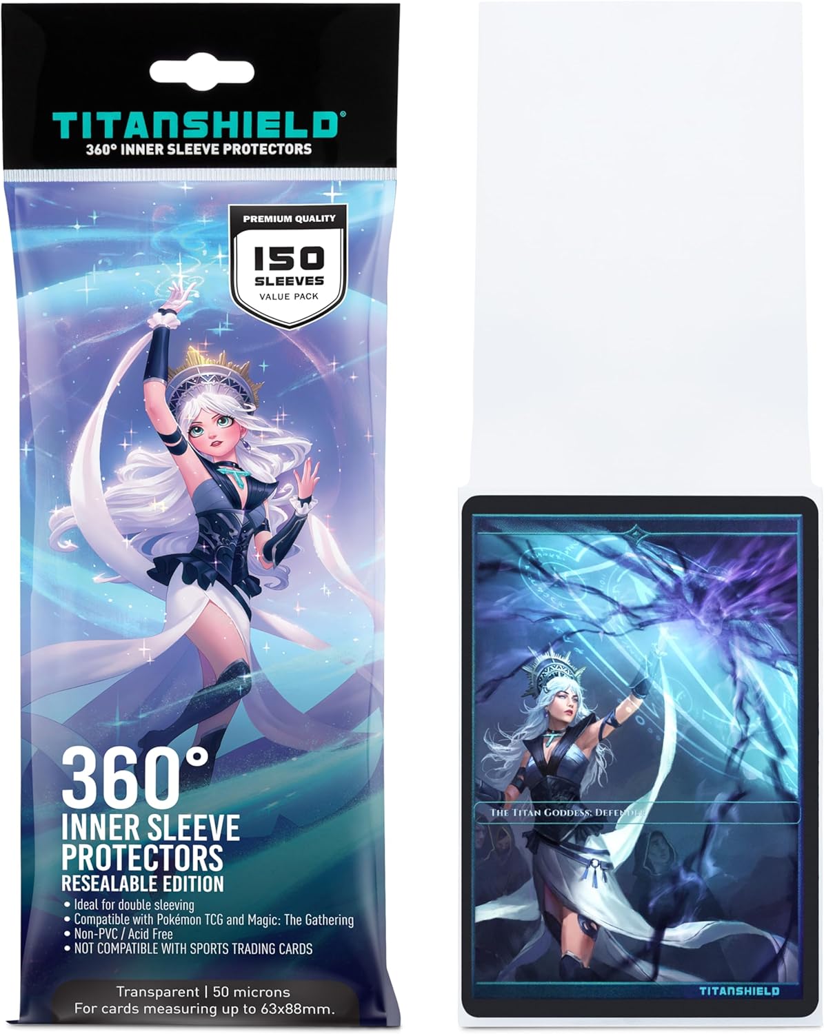 TitanShield | Inner Sleeves | Perfect Fit Card Sleeves | Compatible with Pokémon Cards MTG Magic The Gathering Lorcana | for Double Sleeving (360° - Sealable, 150 ct)