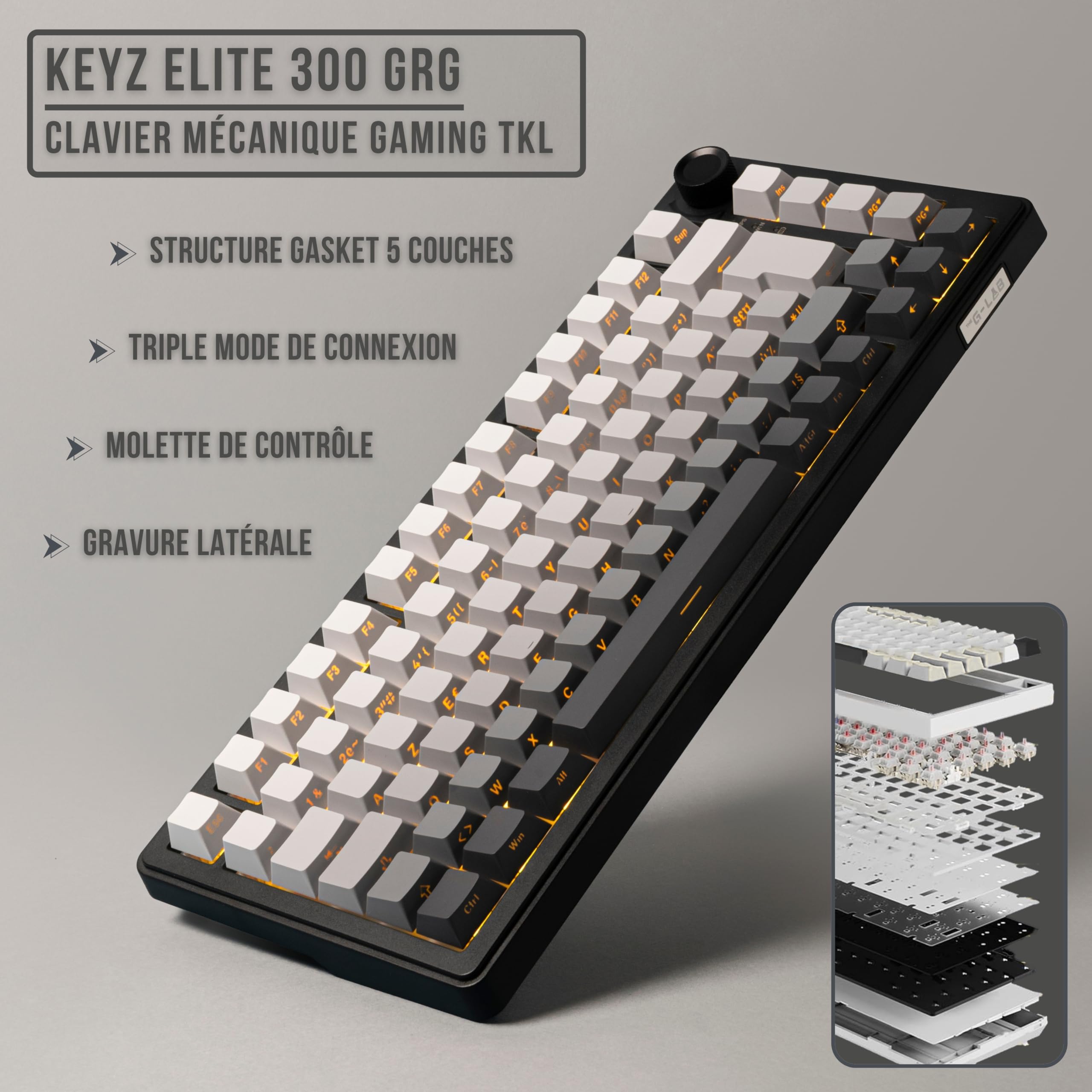 The G-Lab KEYZ Elite 300 GRG - Clavier Gamer sans Fil TKL Tri Mode 2.4 Ghz/Bluetooth/Filaire - Clavier Mécanique Hot Swap, Switchs Pré-lubrifiés, Gravur Latéral, RGB+Macro - AZERTY FR - Windows/Mac