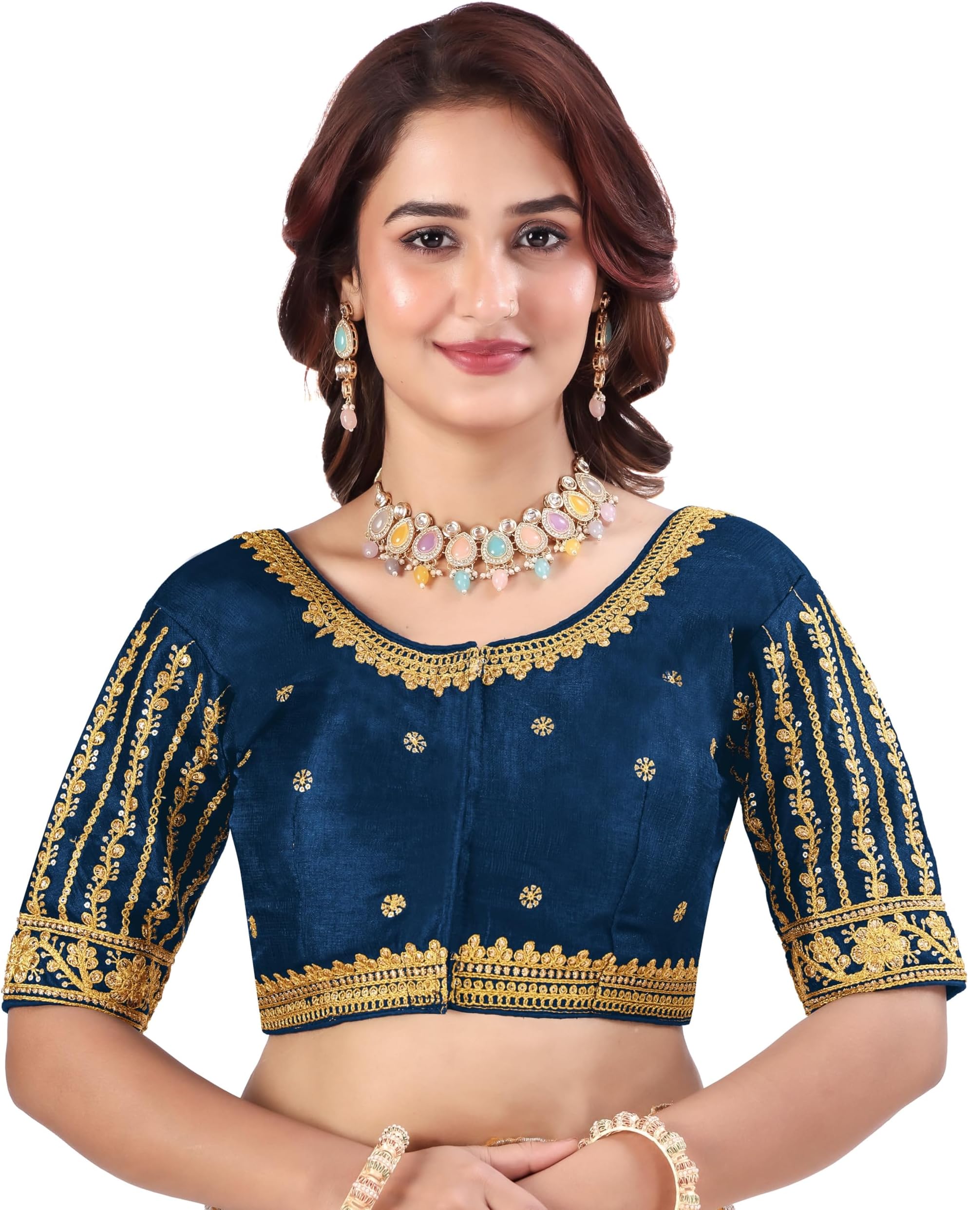 Pujia Mills Women's Readymade Blouse Embroidery Multi Coding Gold Thread Indian Ethnic Designer Stitched Readymade Saree Half Sleeve Blouse for Women for Saree Lehenga Choli