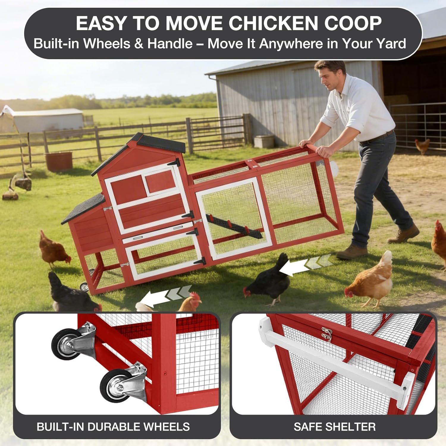 Large Chicken Coop with Run for 4-6 Chickens, Mobile Chicken Coop with Wheels & Handle, Outdoor Wooden Hen House with Nesting Box, Removable Tray, Waterproof Roof, Easy Clean Poultry Cage-Red