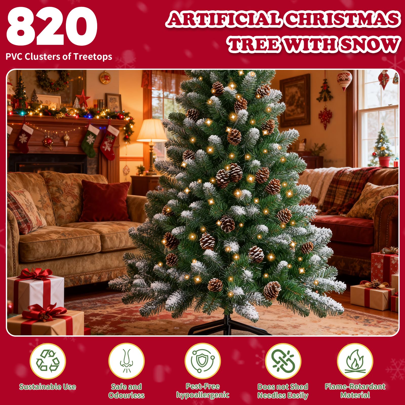 Árbol de Navidad verde de 210 cm con nieve blanca 820 puntas de PVC, 350 luces LED y 36 piñas, artificial plegable con soporte de metal para exterior e interior