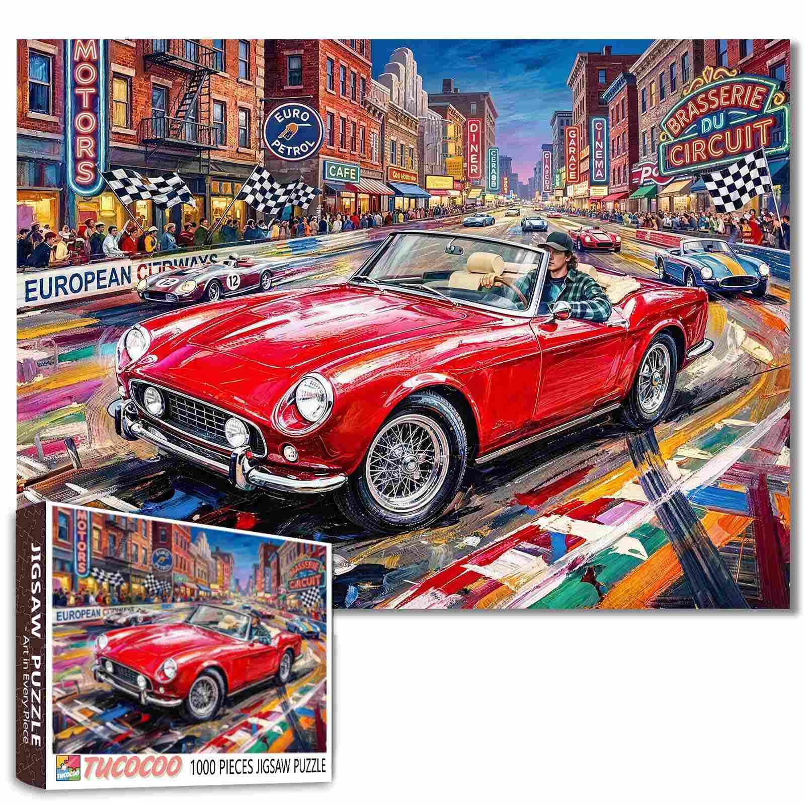 Vintage Sports Car Jigsaw Puzzles for Adults 1000 Pieces Red Convertible Racing Art Street Scene DIY Puzzles for Family Activity Games Car Lover Wall Decor Craft Gifts 19.7 x 27.6 Inch