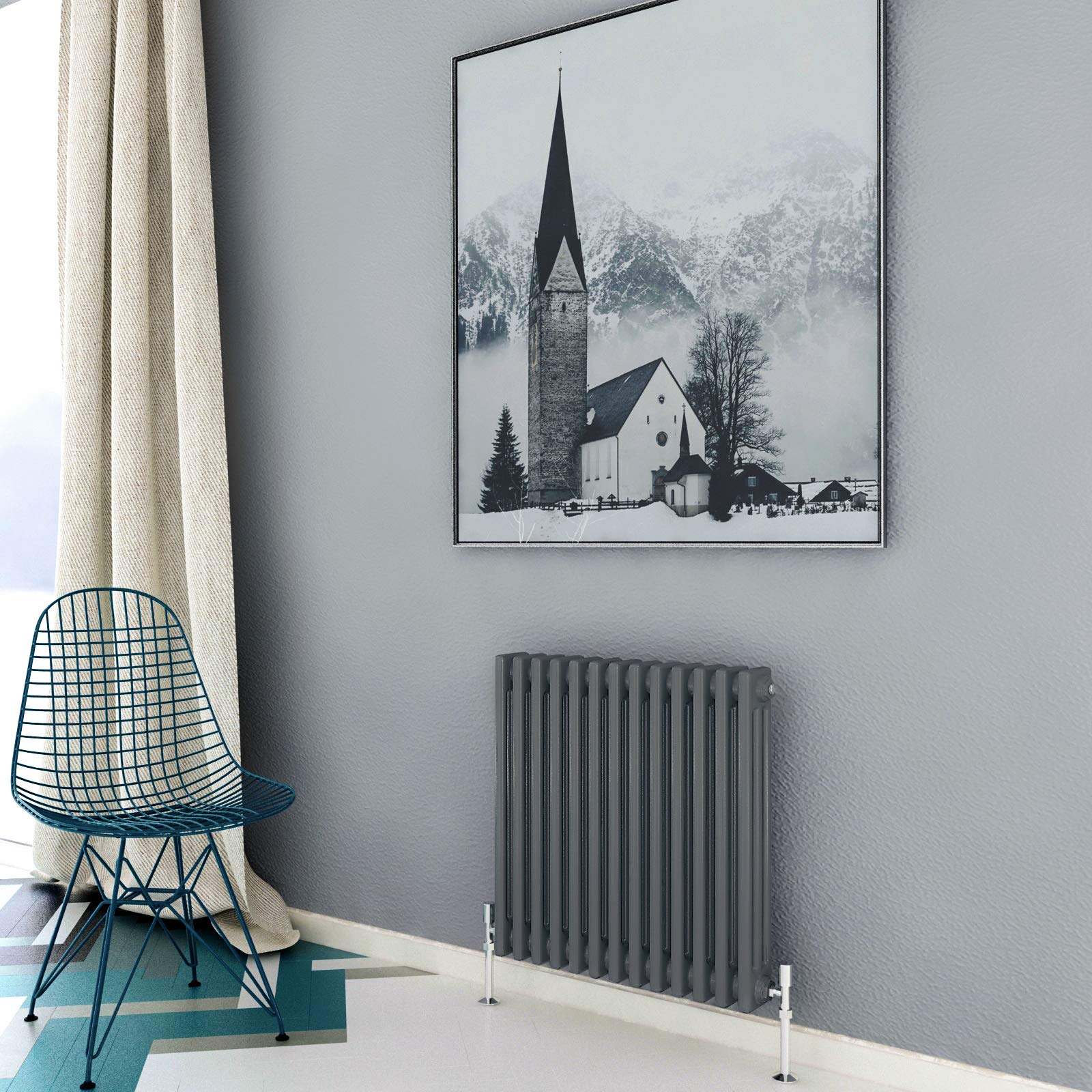 Acezanble∣3 Column Radiator, Horizontal 600mm Anthracite Wide Low Cast Iron Style Radiator Centre Heating for Window Hallway