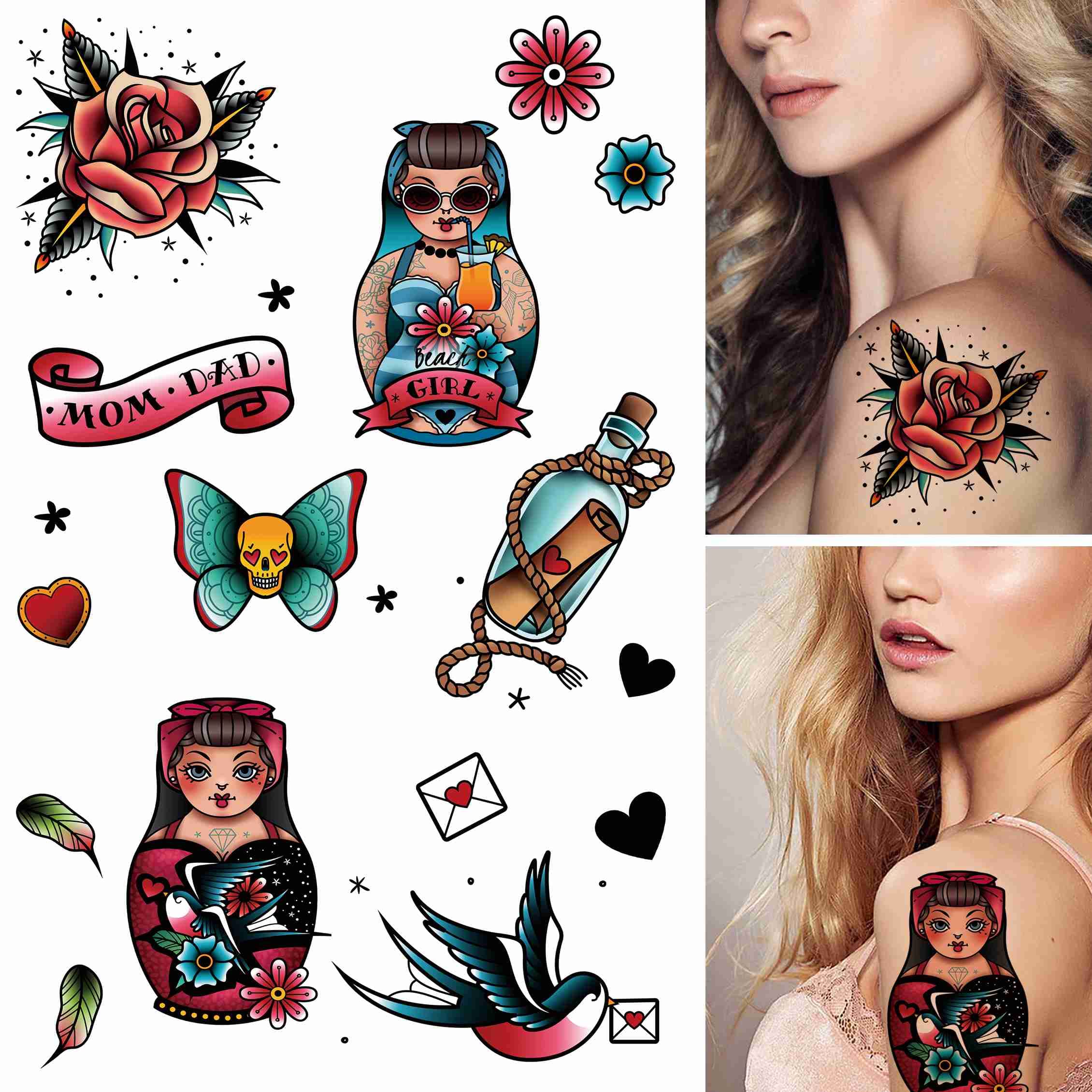 Amazon.com : Dopetattoo 6 sheets Temporary Tattoos Old School Girl Russian  Unique Style Fake Tattoos for Women Adults : Beauty & Personal Care