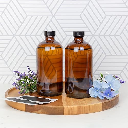 Miniatura 2 de Cornucopia Brands 16oz Amber Glass Bottles with Reusable Chalk Labels and Lids (Pack of 2) Refillable Brown Boston Round Bottles, with Black 28-400