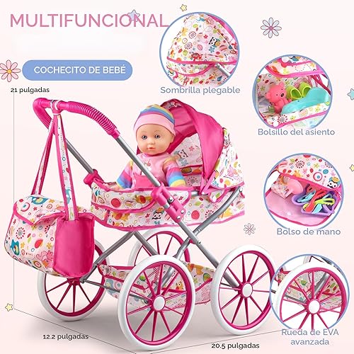 Miniatura 4 de Juego de juguetes de cochecito de bebé con muñeca de bebé de 12.5 pulgadas, silla de comedor, almohada acolchada, 24 accesorios para muñecas y 2