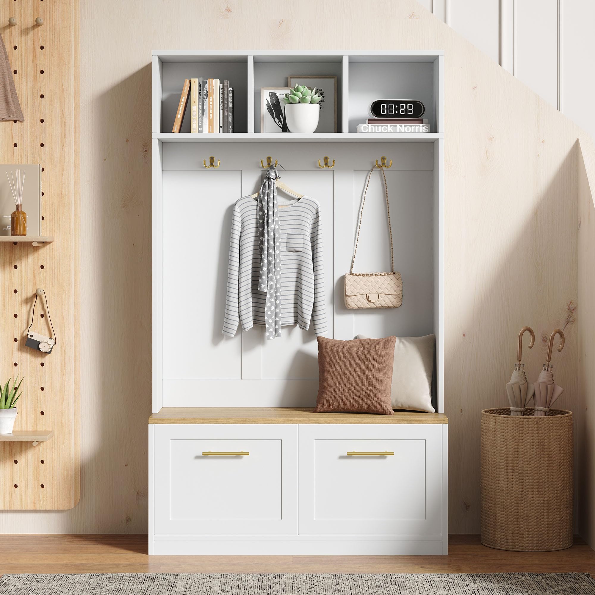 Set appendiabiti con panchina, naturale + bianco, 105 x 40 x 180 cm, spazio aperto e 2 ante – guardaroba compatto con 4 ganci