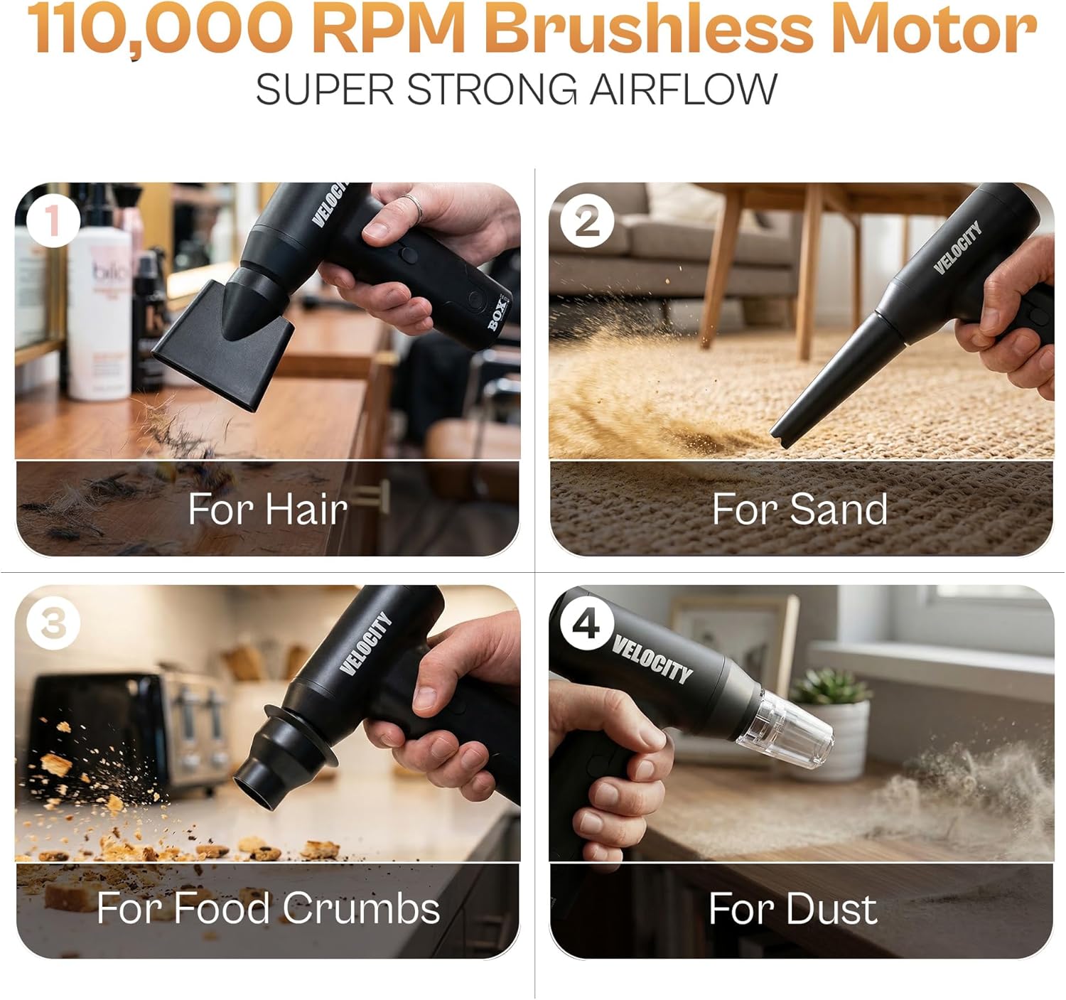 Velocity Controlled Airflow System – Cordless 6-in-1 High-Speed Airflow Tool with 110,000 RPM Motor, Precision Air Control & Multi-Purpose Grooming Attachments, by BOX90210