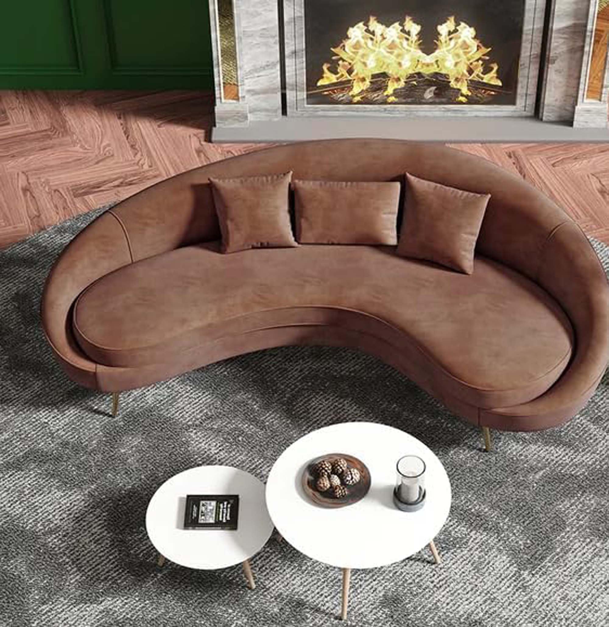 CRAFTCITY Modern Velvet Curved 3 Seater Sofa (Brown)