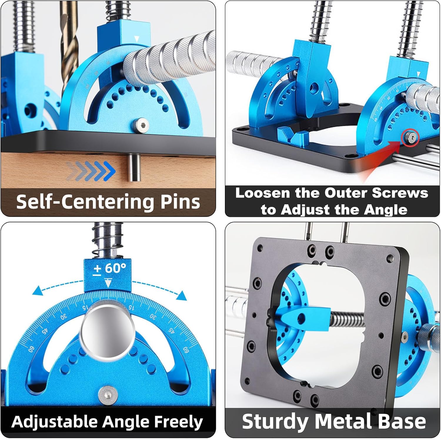Portable Drill Guide, Multi Angle Drill Guide for Straight Holes, Self-Centering Pins, Drilling Jig w/Chuck & Key, Adjustable Angle from 0° to 60°, Chuck Clamping Range for 1/16-1/2" (1.5-13mm)