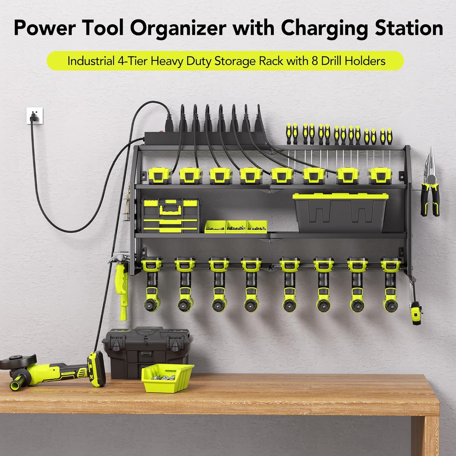 Power Tool Organizer Wall Mount with Charging Station, 8 Drill Holder with 8-Outlet Power Strip, Garage Cordless Drill Storage and Organization, Battery Utility Rack