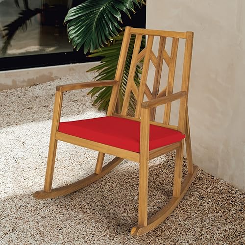 Miniatura 8 de RELAX4LIFE Mecedora de madera para exteriores  Mecedora de patio de gran tamaño con respaldo alto reposabrazos largo cojín suave extraíble mecedora