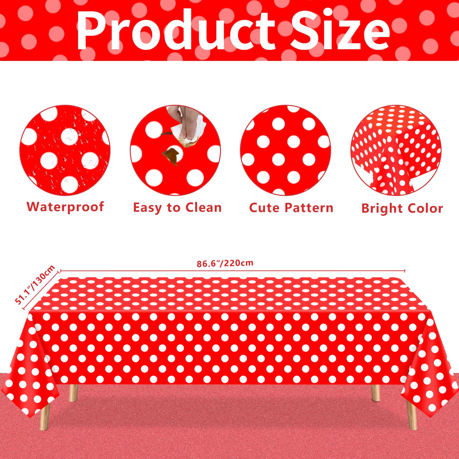 4 pezzi tovaglia monouso punto ondulato pois bianchi su sfondo rosso tovaglia rettangolare impermeabile festa punto ondulato tovaglia per bambini picnic ragazze compleanno decorazioni 130 x 220 cm