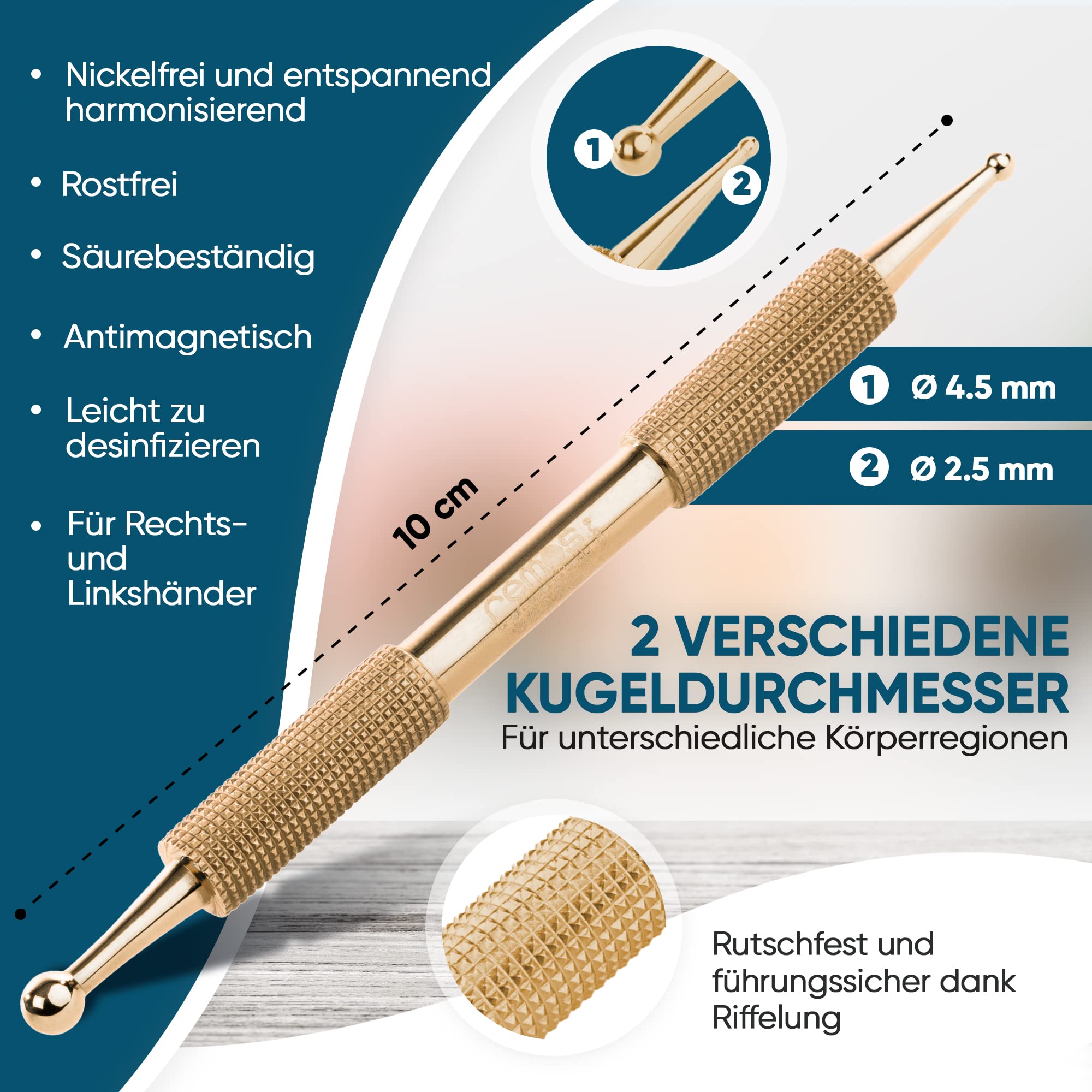 REMOS Bâton d'acupressure et méridien -laiton- 10cm Ø-boule 2.5/4.5 mm